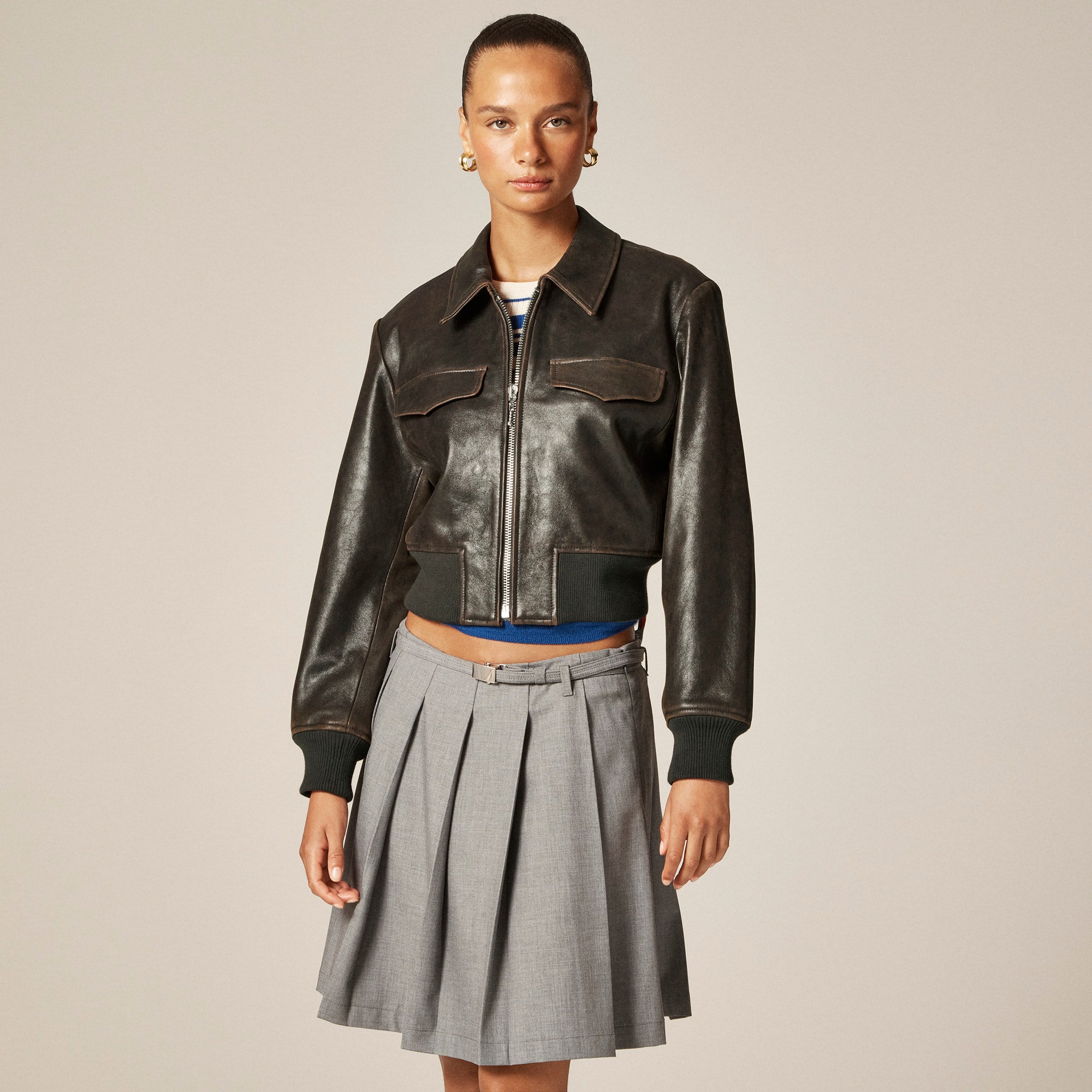 Collection cropped flight jacket in distressed leather - image 2
