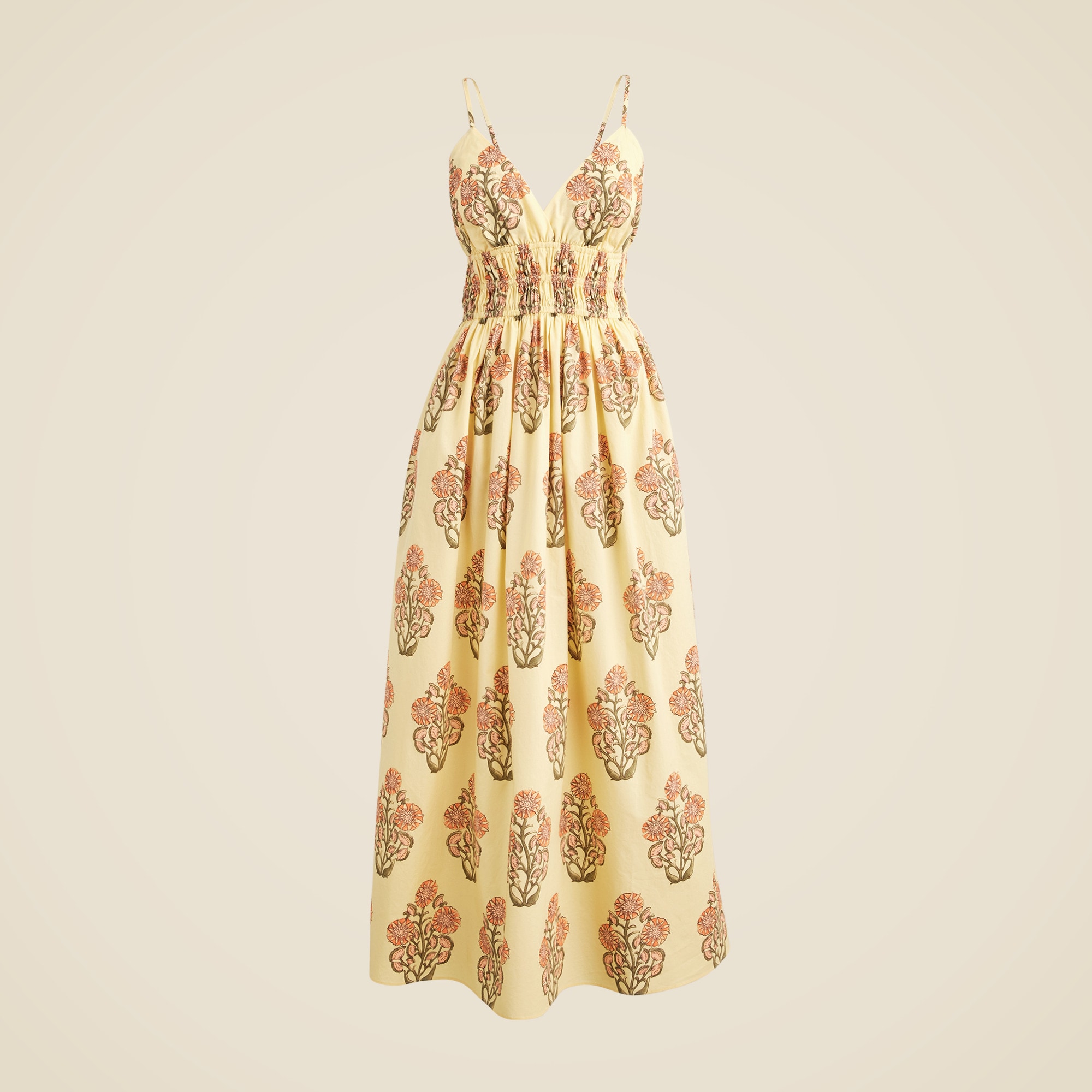 Smocked-waist V-neck dress in block print