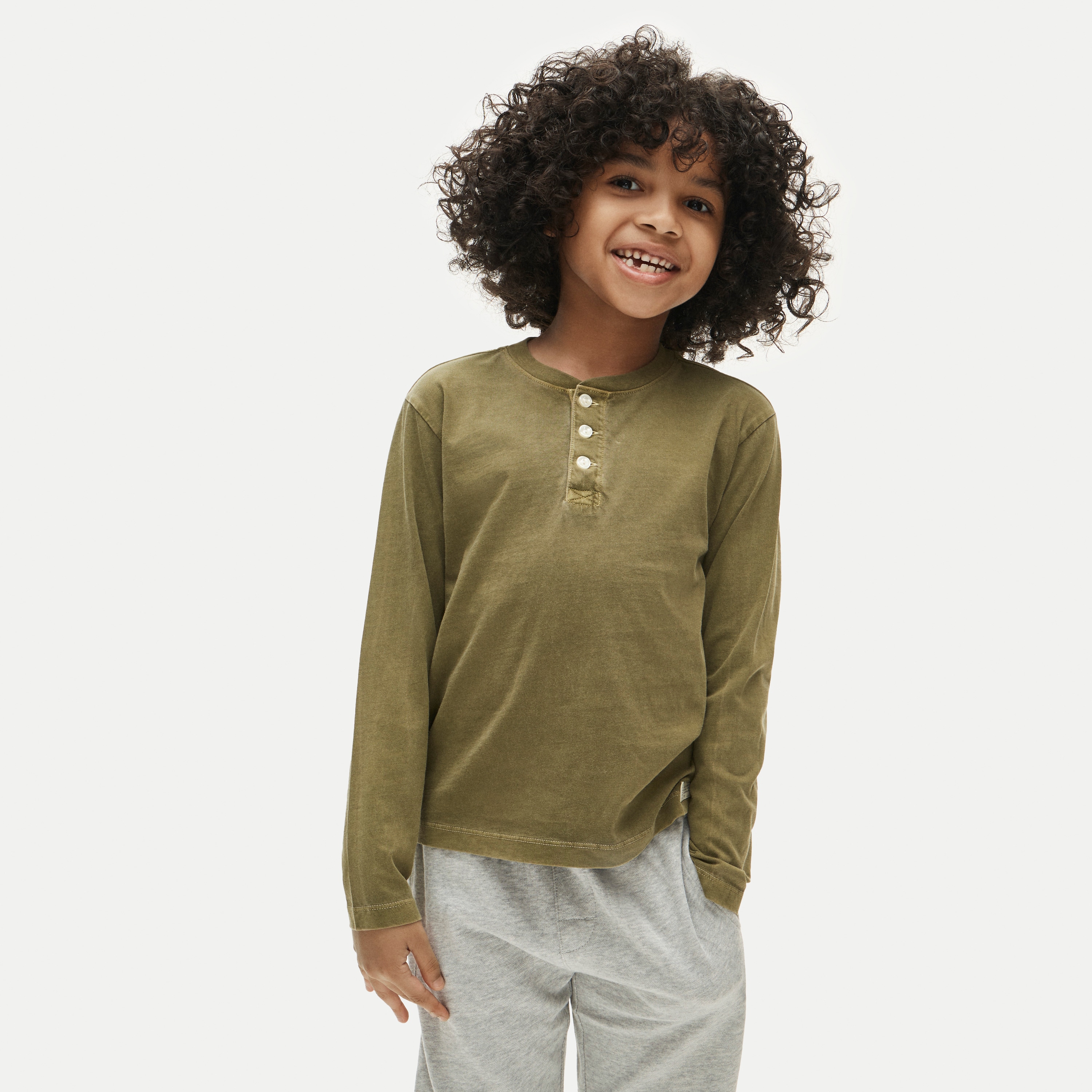 Kids' long-sleeve garment-dyed henley T-shirt in broken-in-jersey