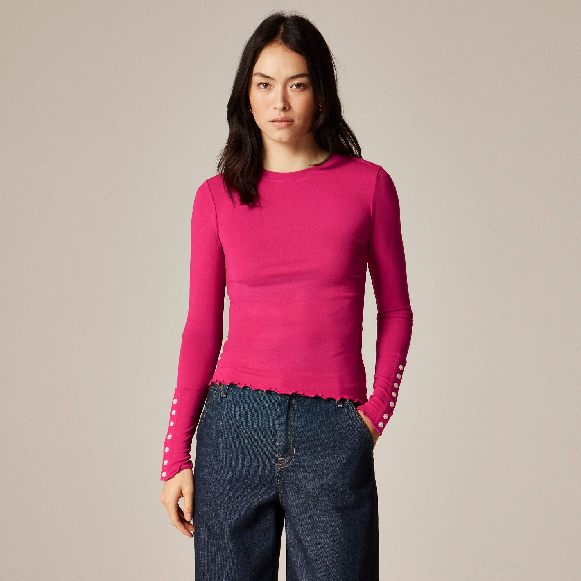  Refined rib long-sleeve T-shirt with button cuffs