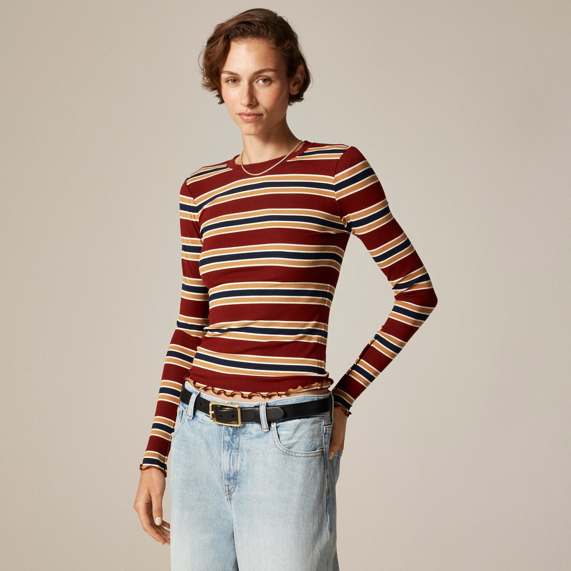 womens Refined rib long-sleeve T-shirt with button cuffs in stripe