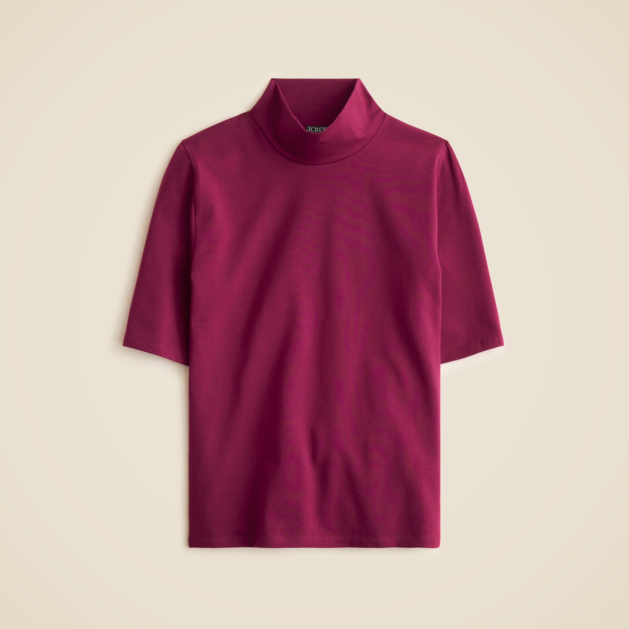 Stretch cotton-blend mockneck elbow-sleeve T-shirt
