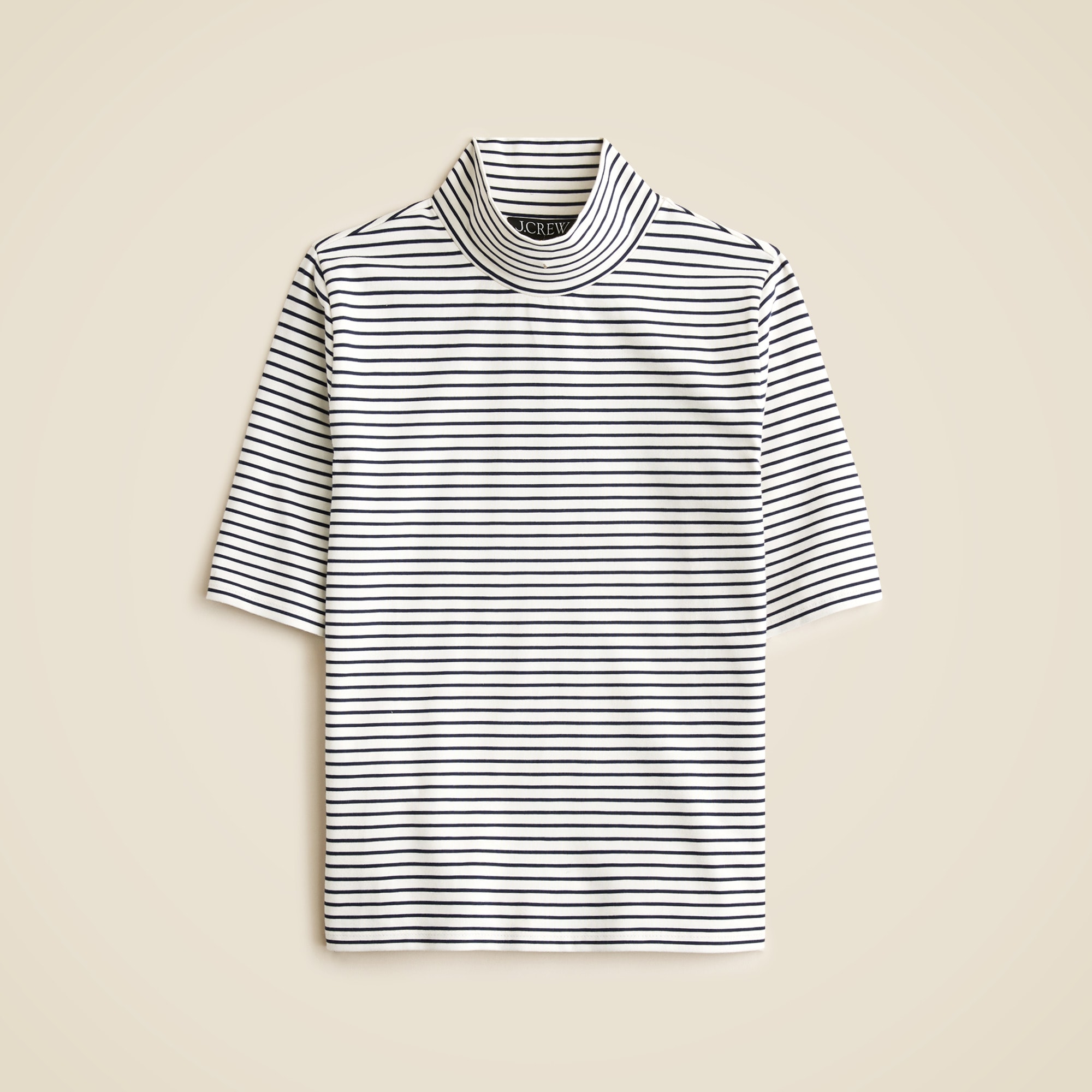 Stretch cotton-blend elbow-sleeve mockneck T-shirt in stripe