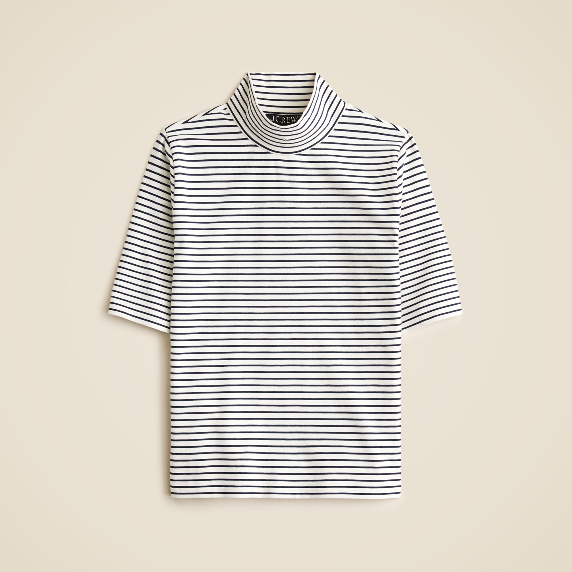 Stretch cotton-blend elbow-sleeve mockneck T-shirt in stripe