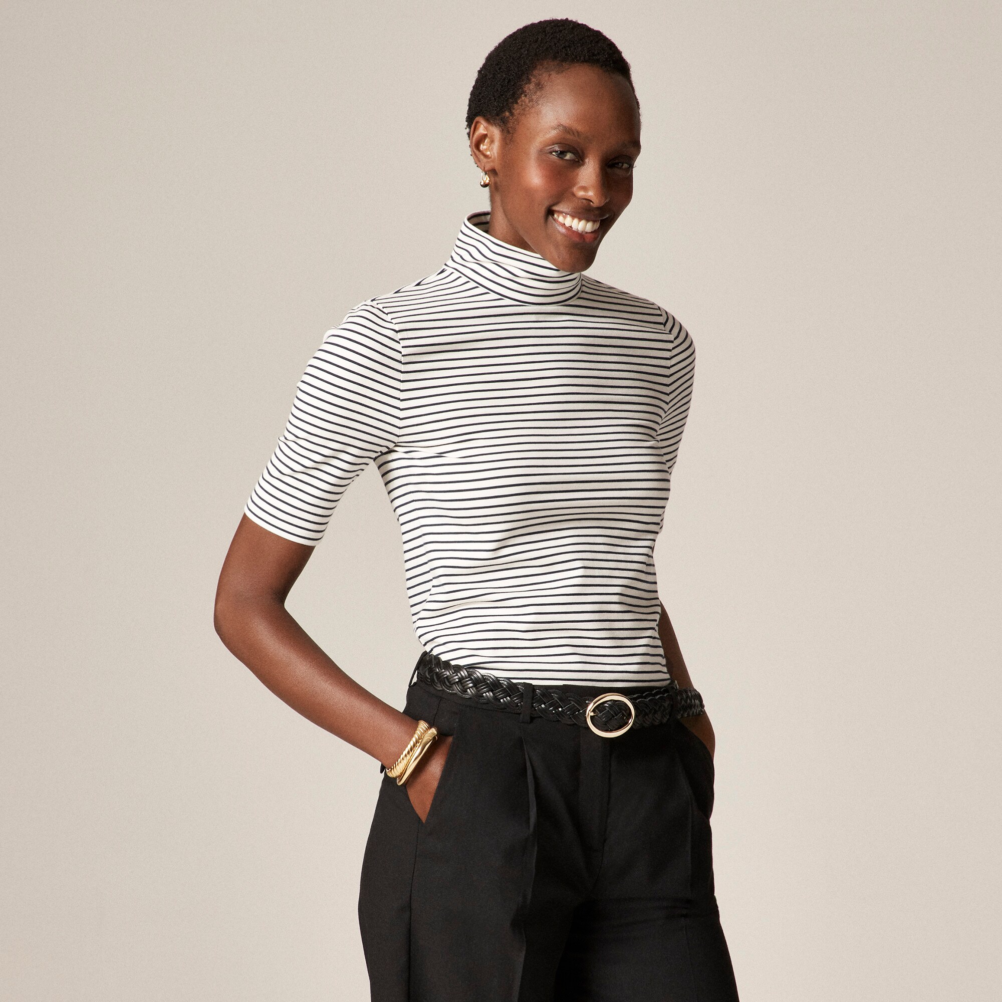 Stretch cotton-blend elbow-sleeve mockneck T-shirt in stripe