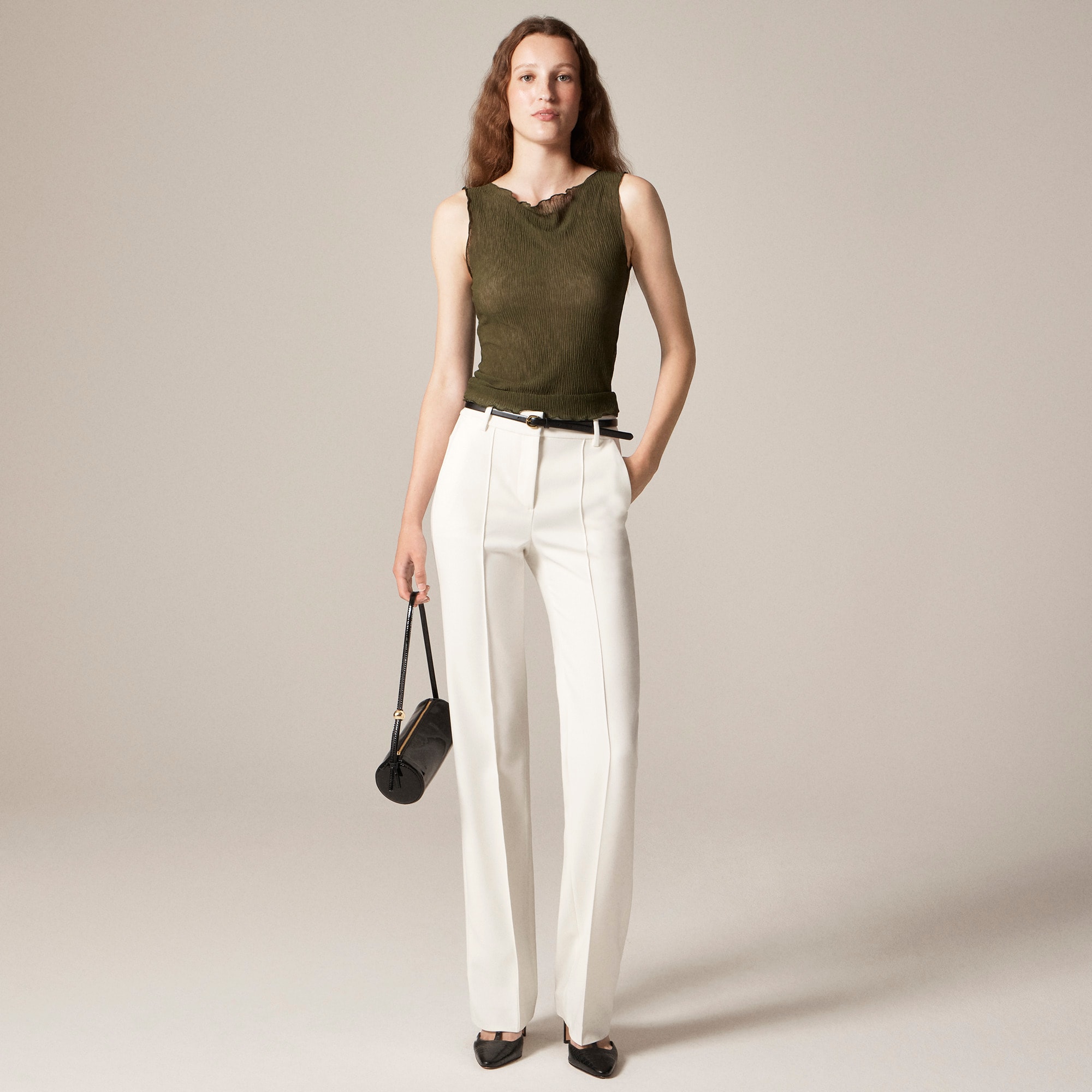 Ruffle-trim shell top in sheer crinkle knit