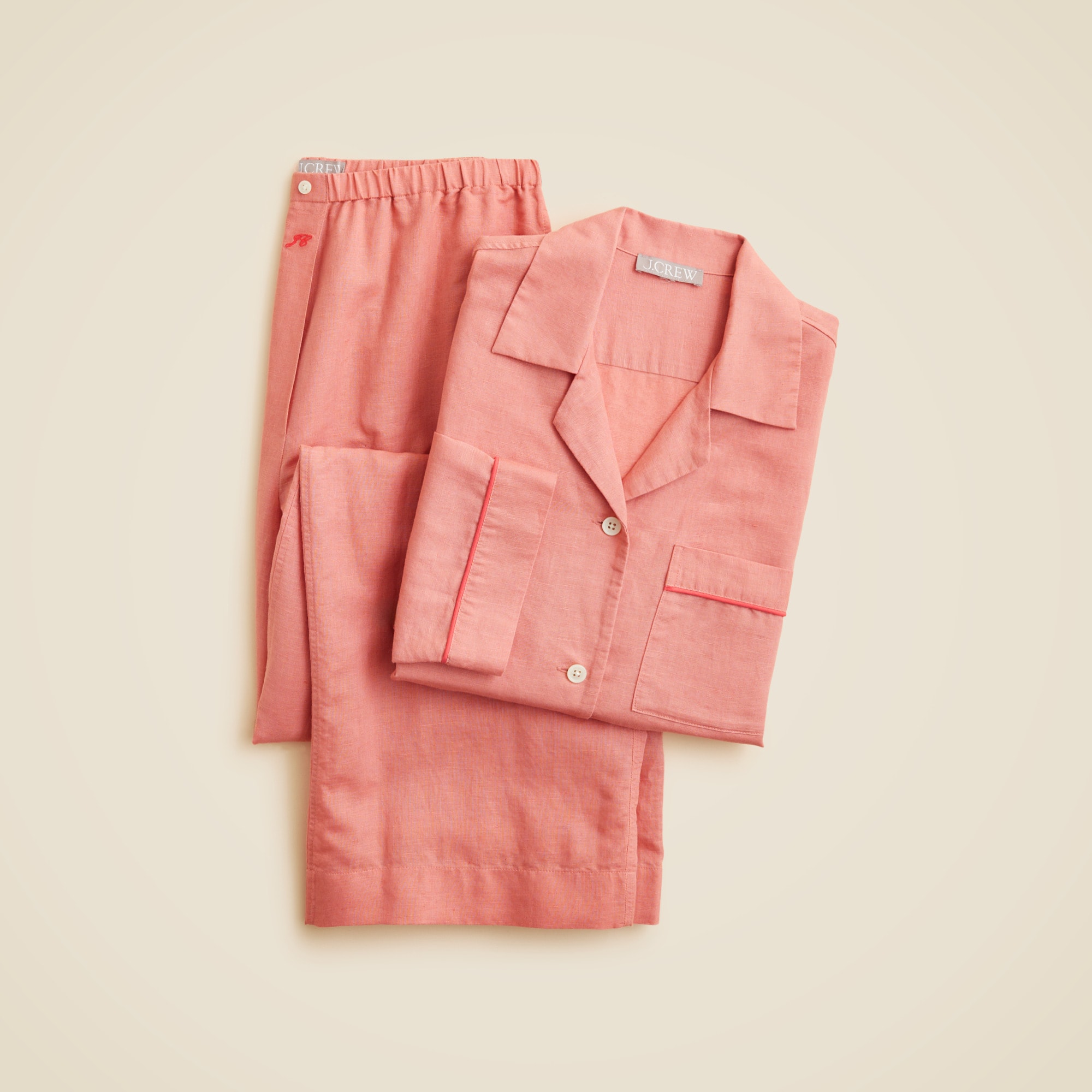 Long-sleeve pajama pant set in linen-cotton blend