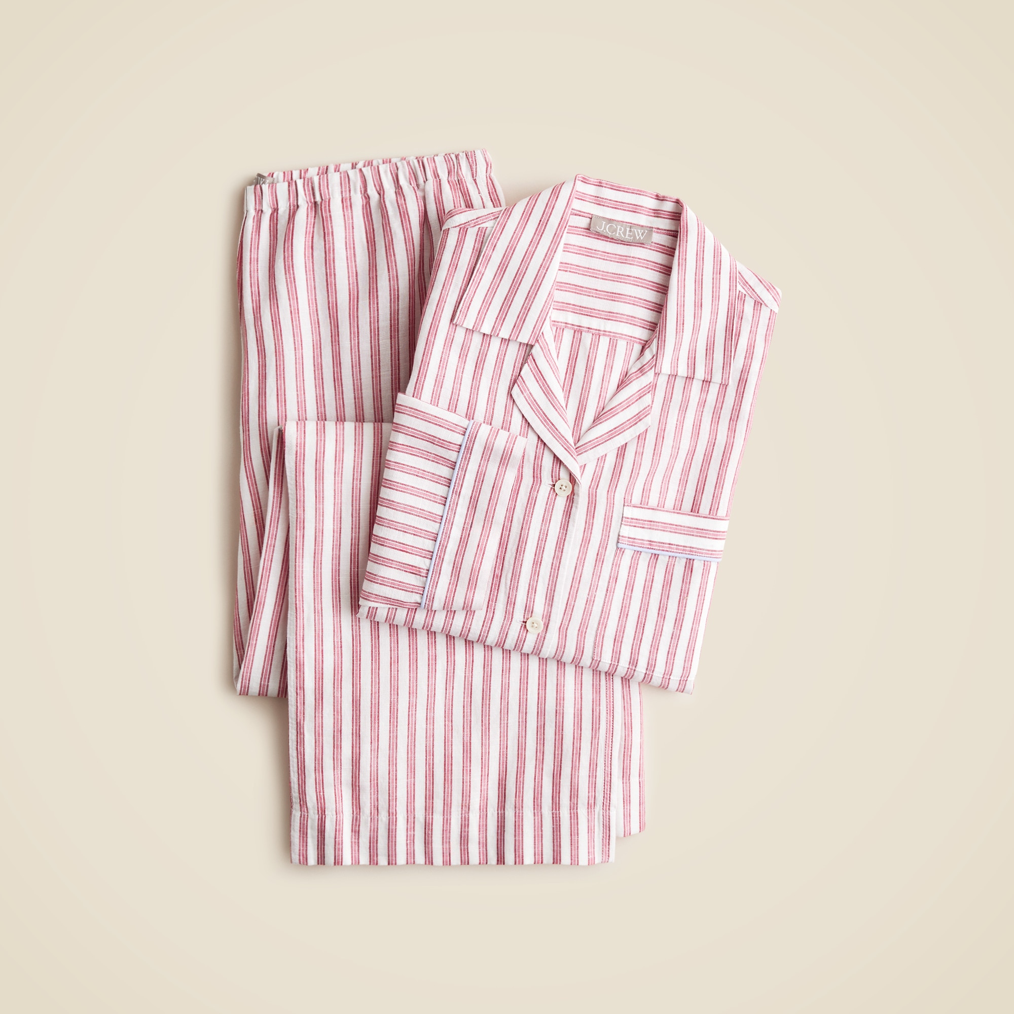 Long-sleeve Pajama Pant Set In Striped Linen-cotton Blend For