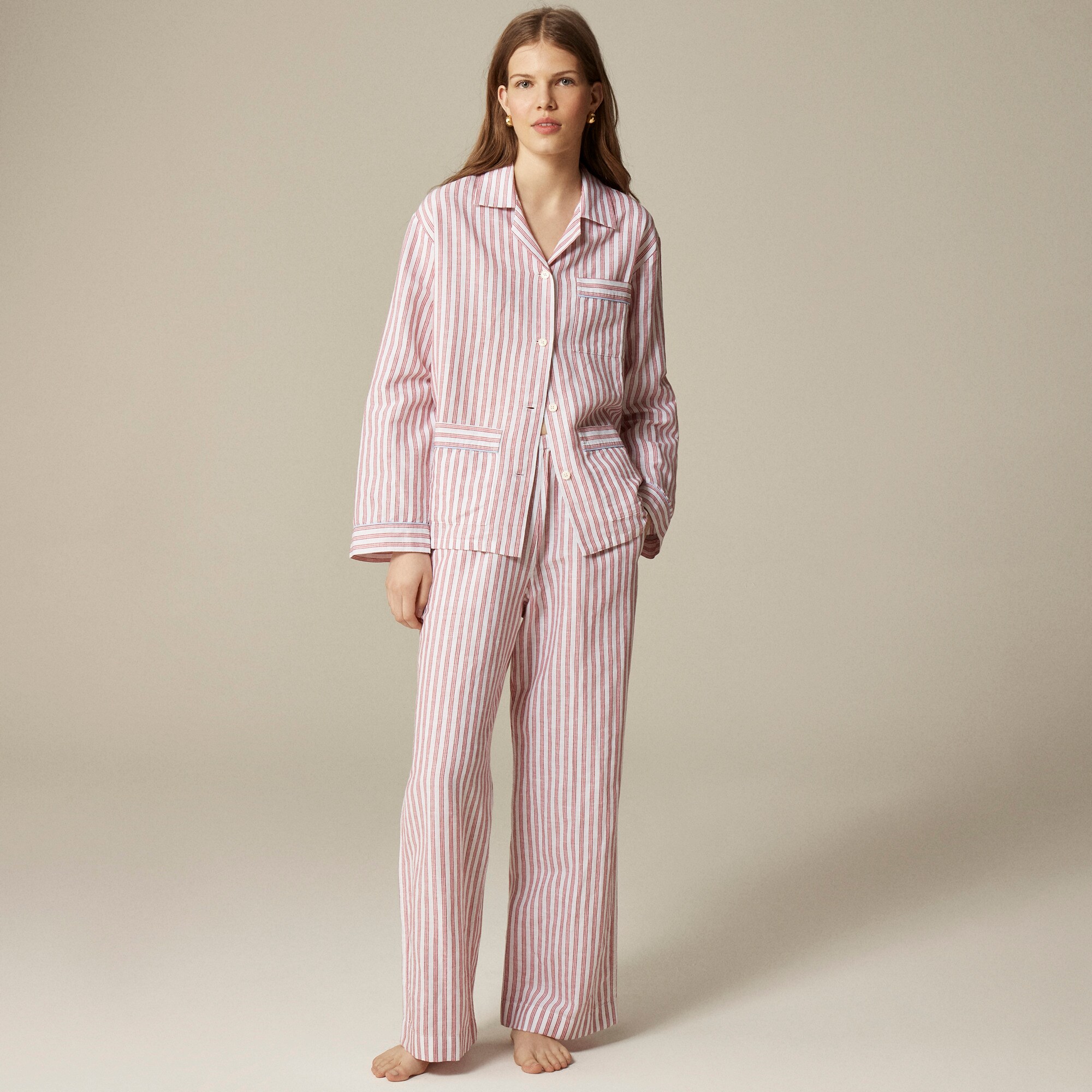  Long-sleeve pajama pant set in striped linen-cotton blend