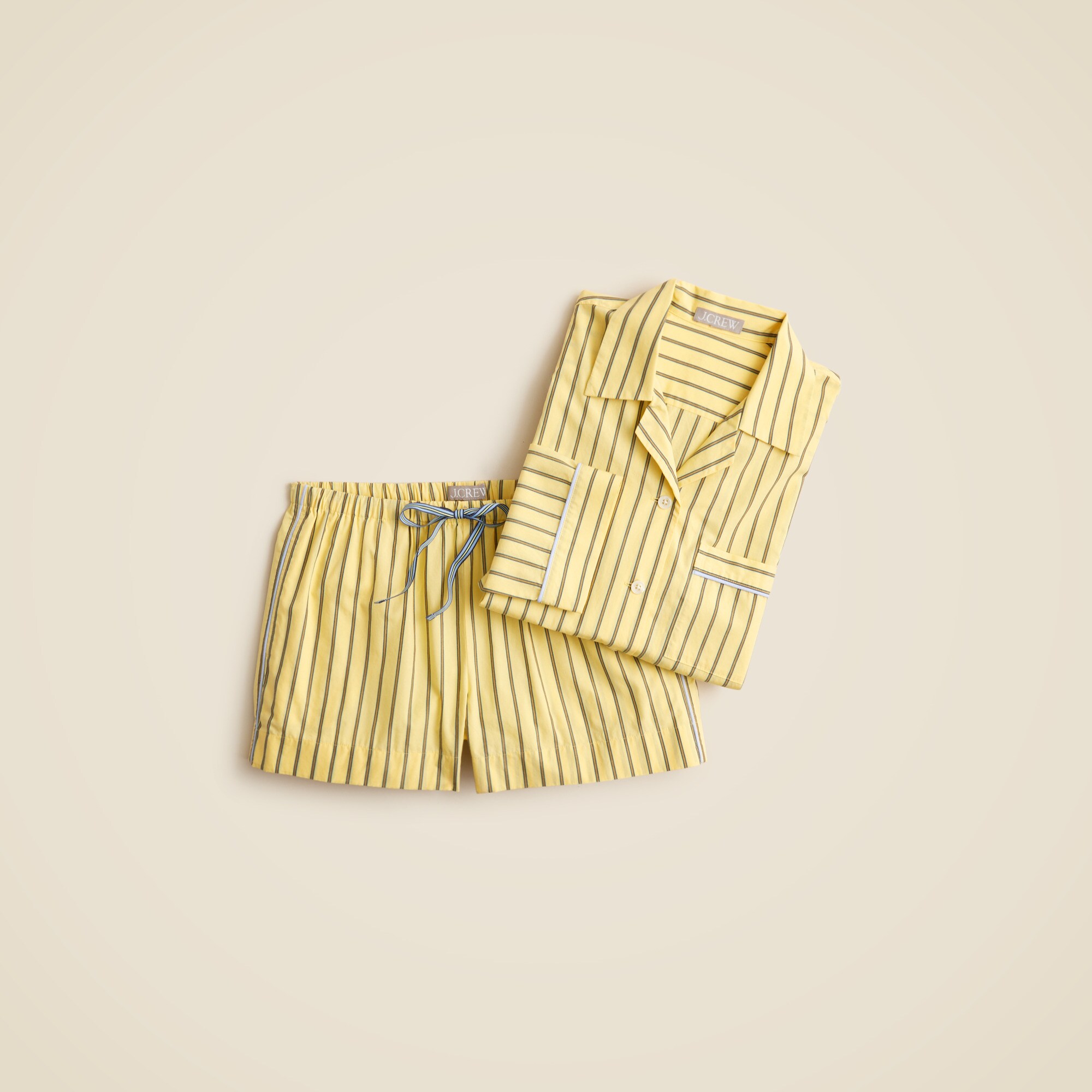 Long-sleeve pajama short set in striped cotton poplin