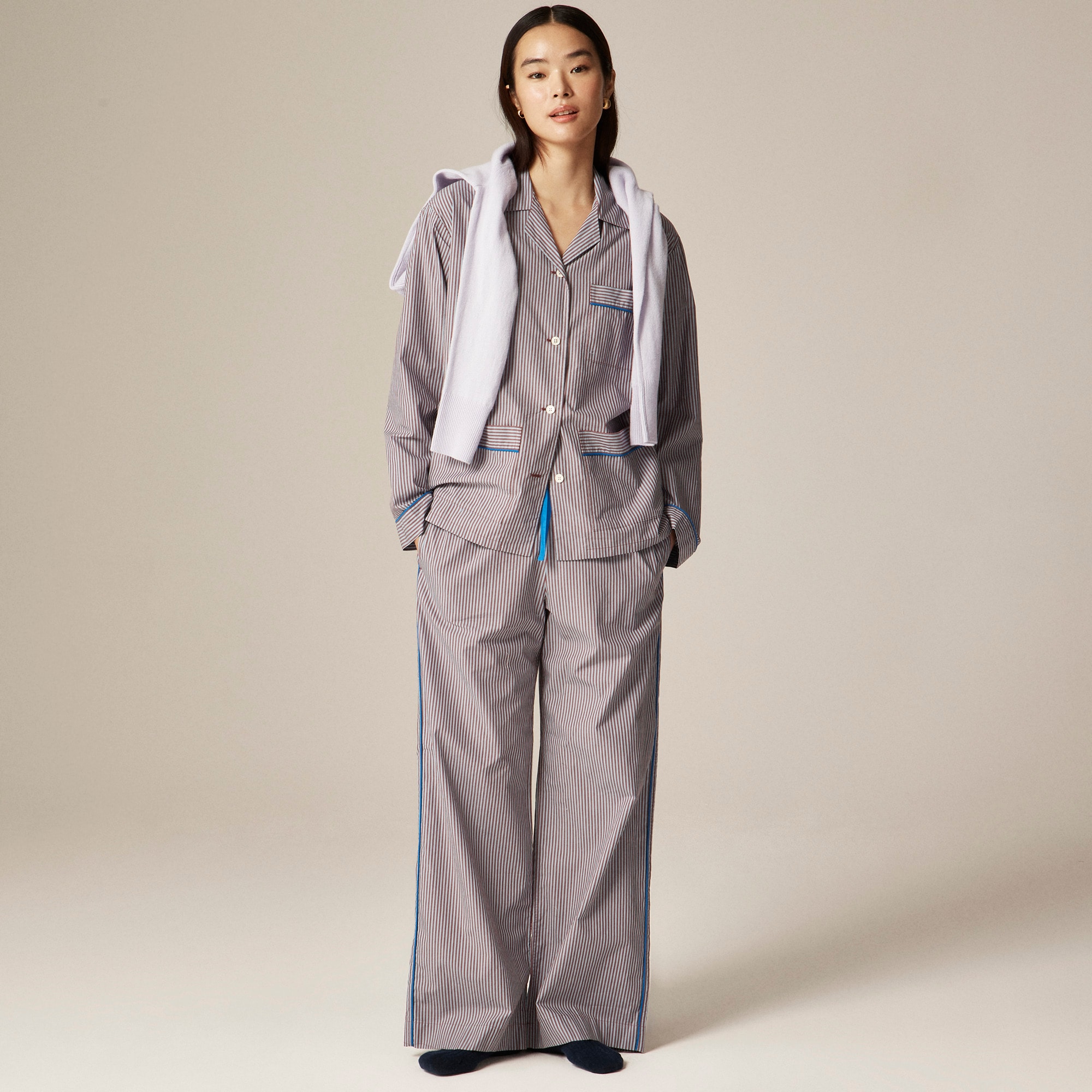 Long-sleeve pajama pant set in striped cotton poplin