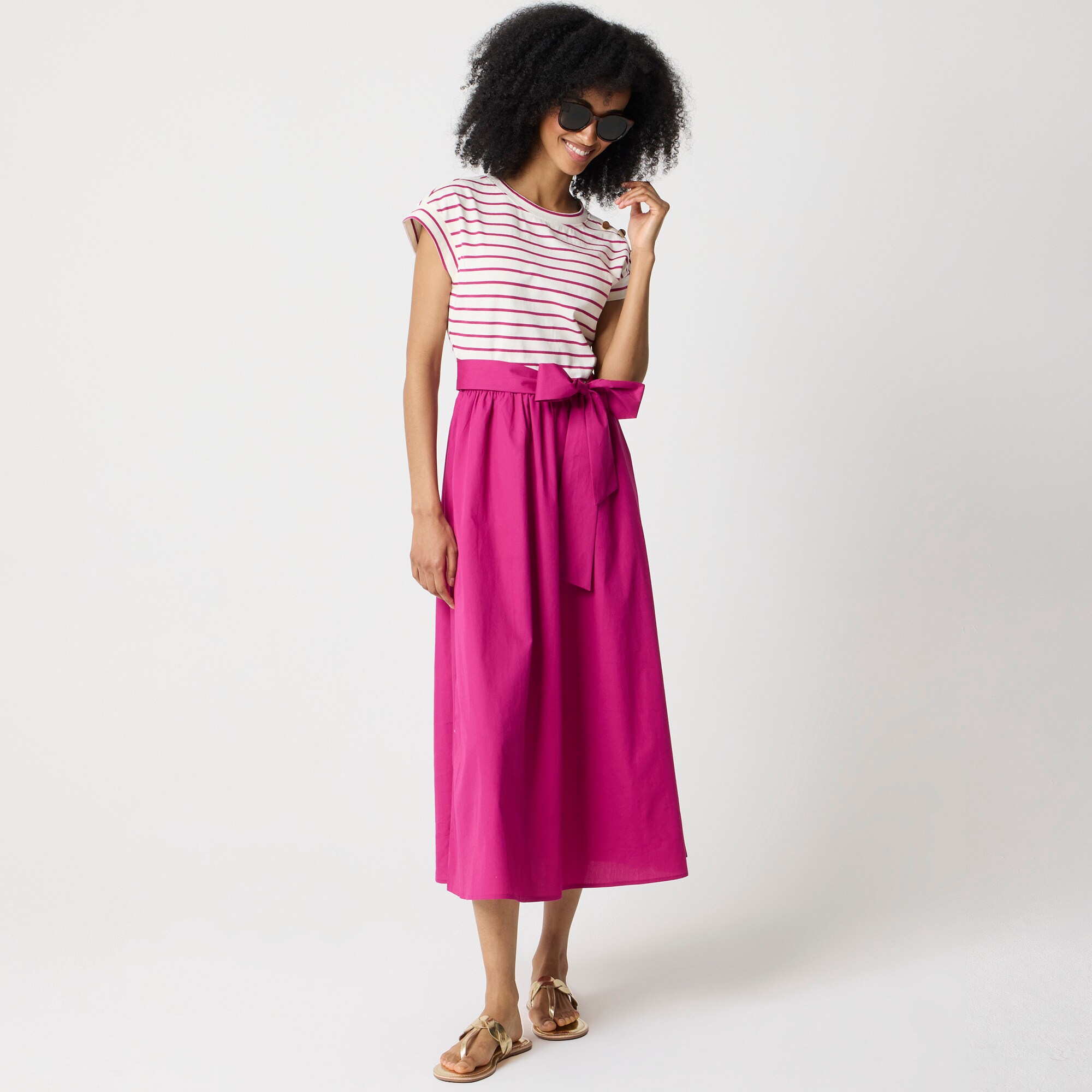  Button-shoulder tie-waist knit mixy dress