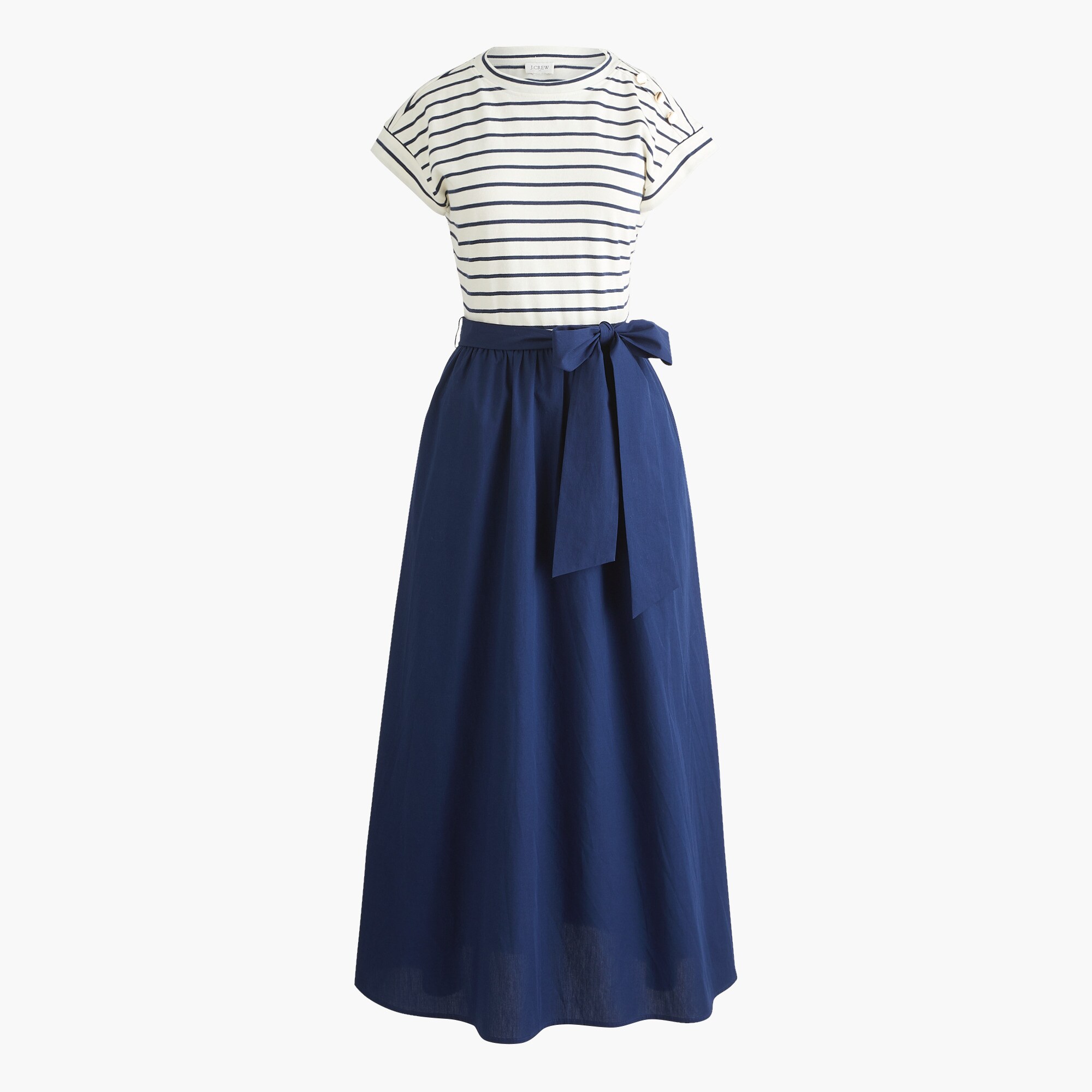 Button-shoulder tie-waist knit mixy dress