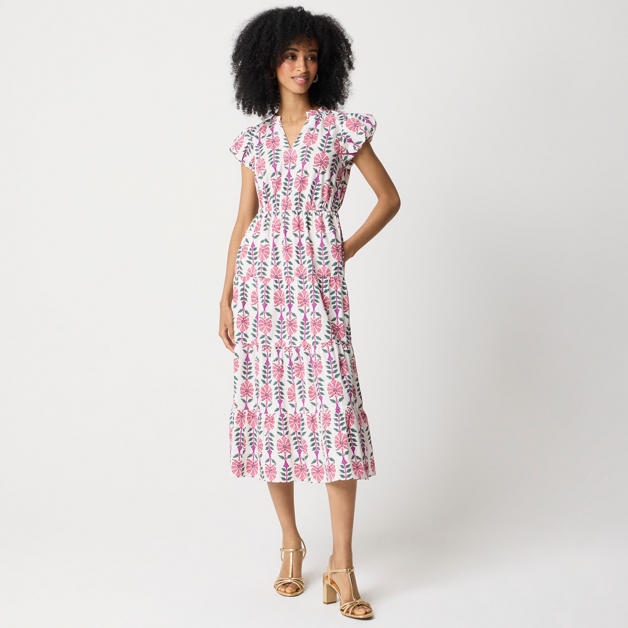 womens Printed V-neck puff-sleeve maxi dress