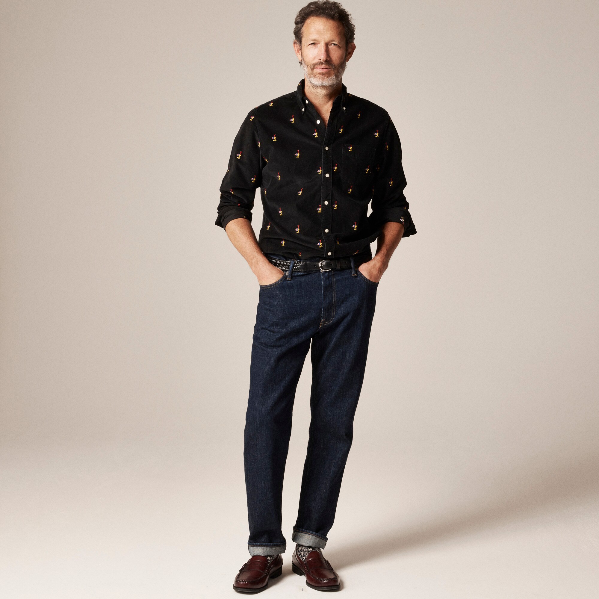 mens Fine-wale corduroy shirt with embroidered dogs