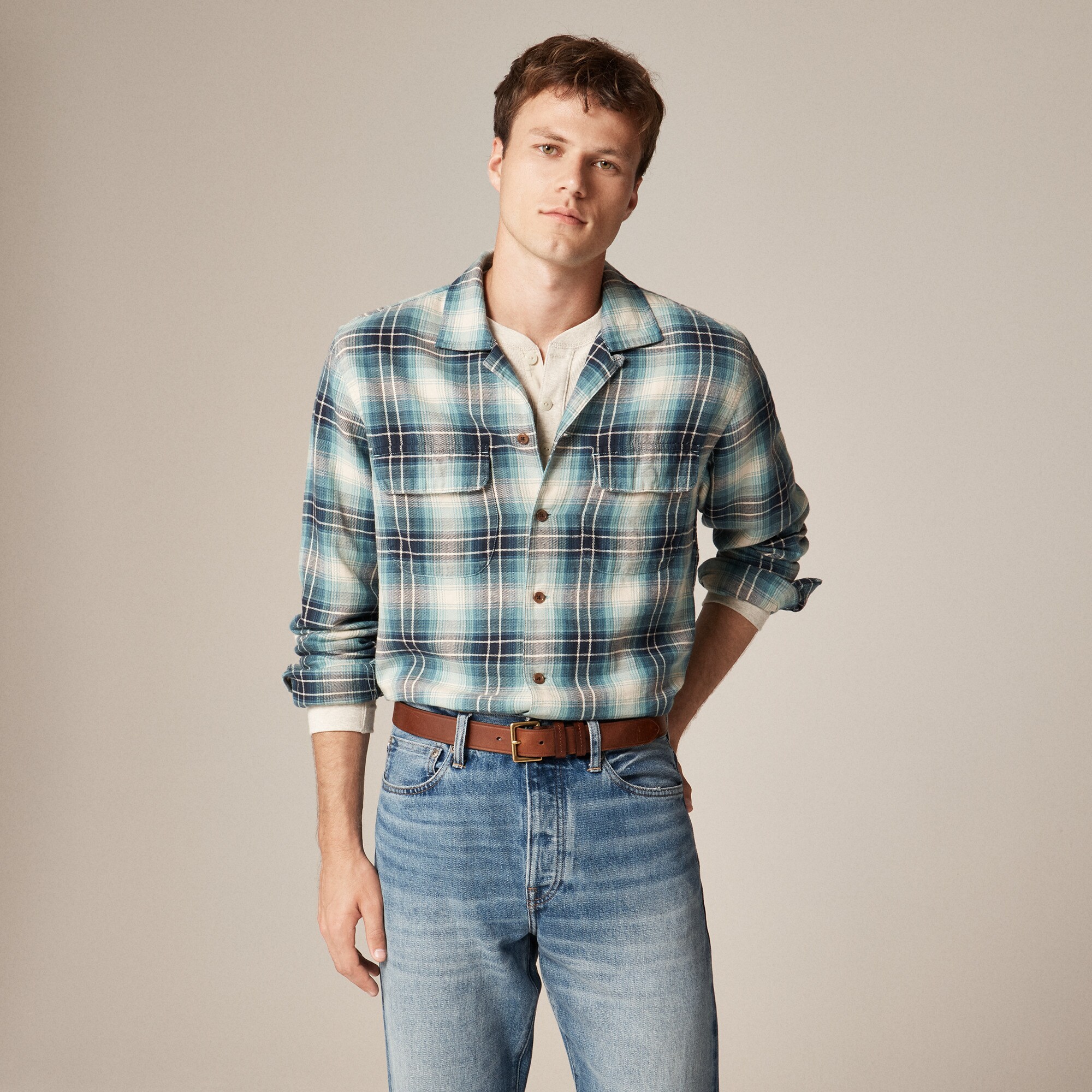 Cotton-hemp blend twill camp-collar shirt