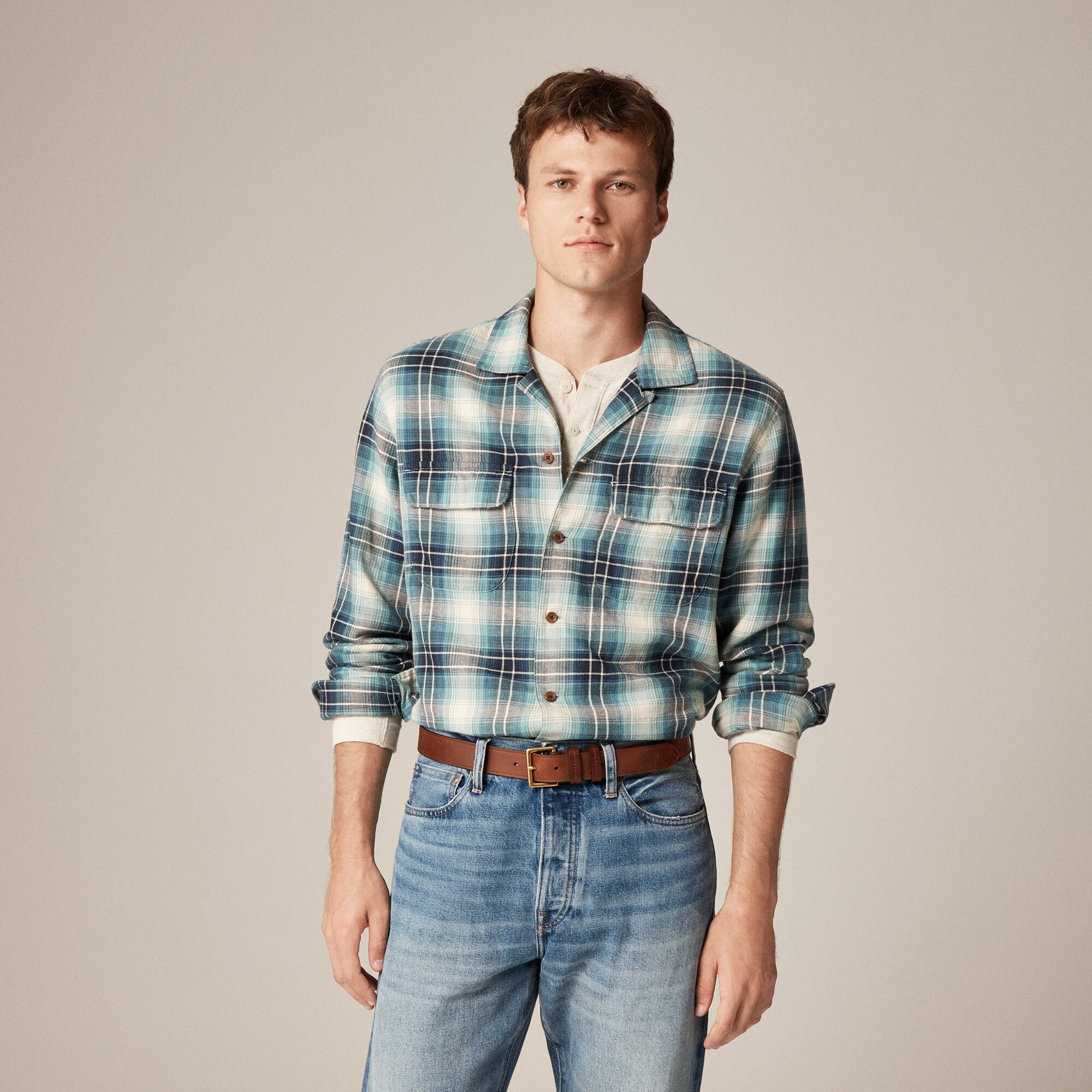 Cotton-hemp blend twill camp-collar shirt