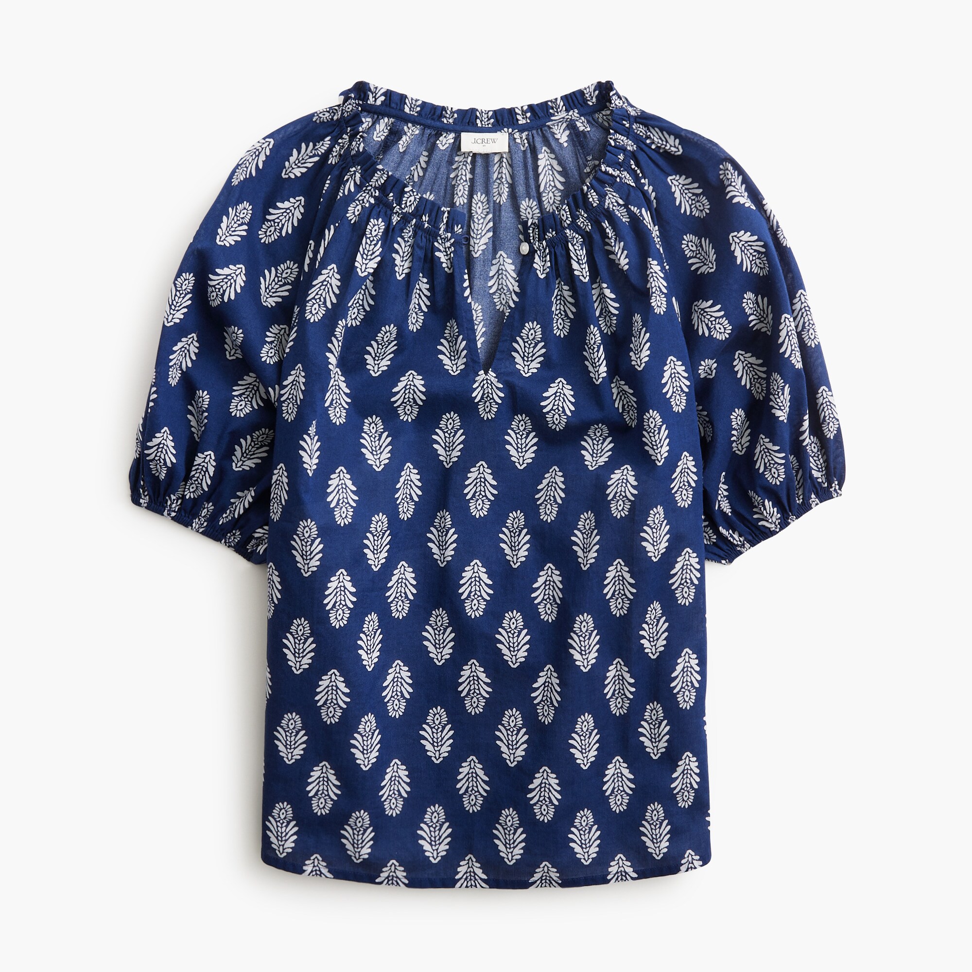 womens Printed puff-sleeve split-neck top