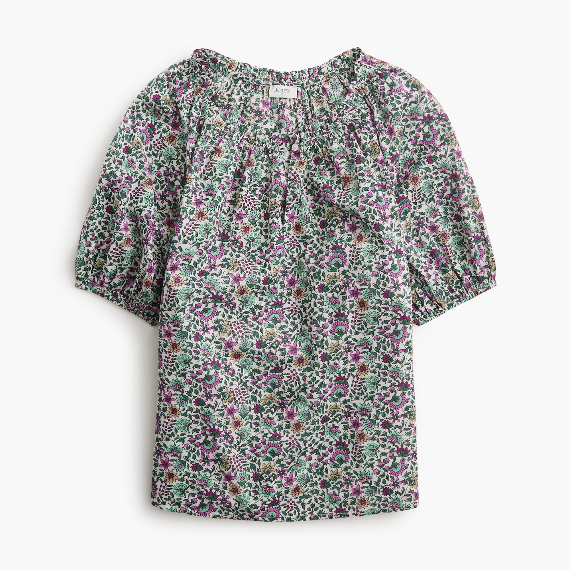printed puff-sleeve split-neck top for women