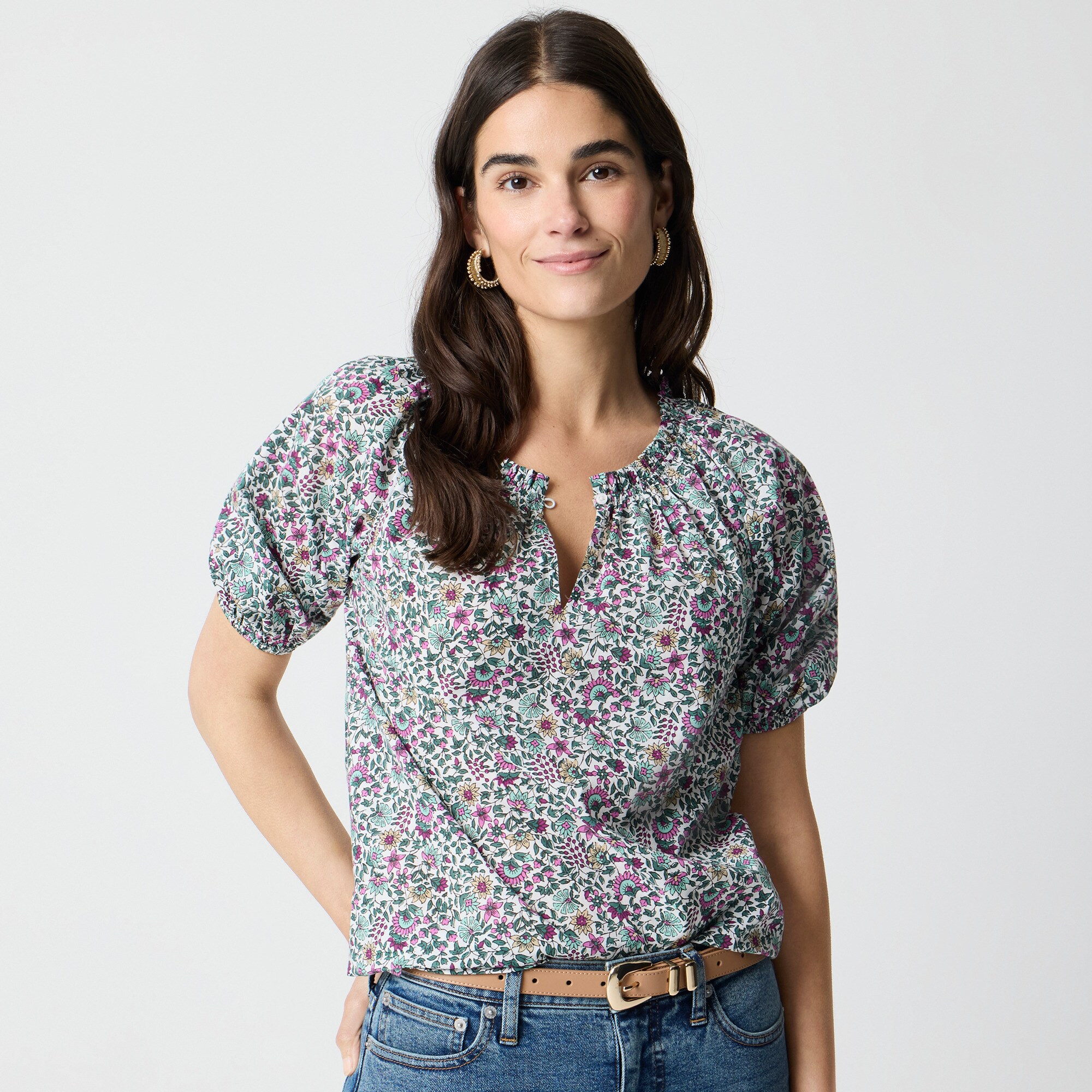womens Printed puff-sleeve split-neck top