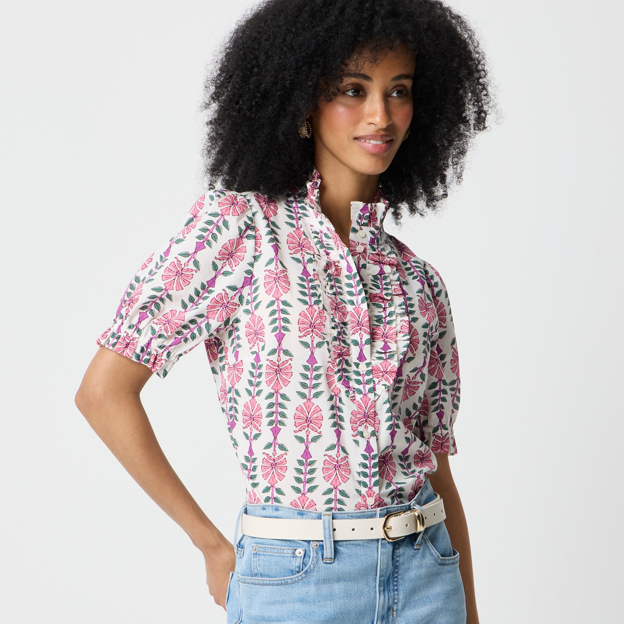 womens Printed ruffle-placket blouse