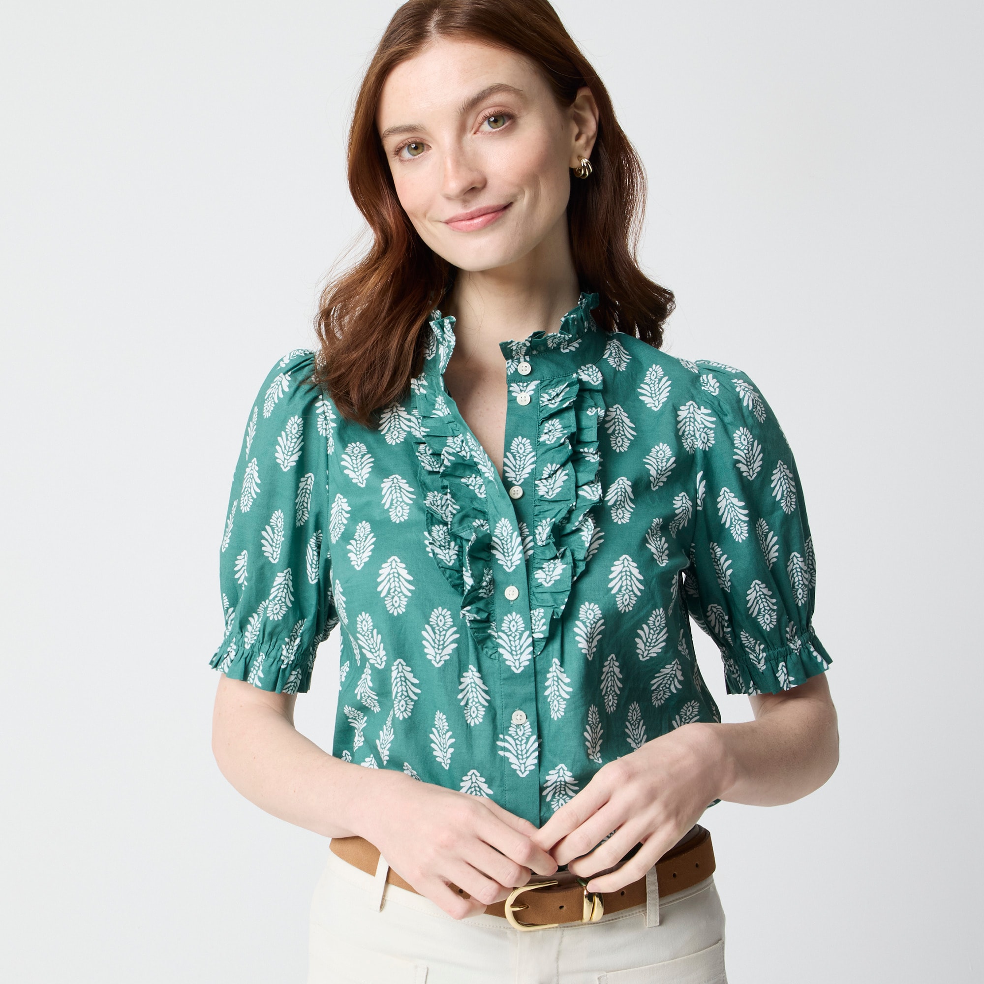 womens Printed ruffle-placket blouse