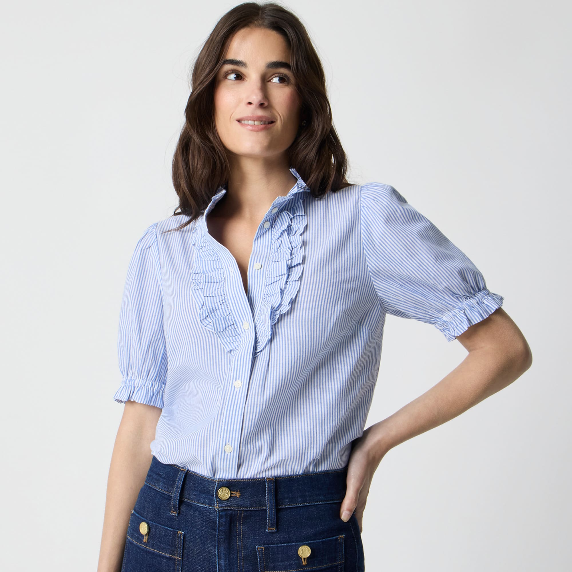 womens Striped ruffle-placket blouse