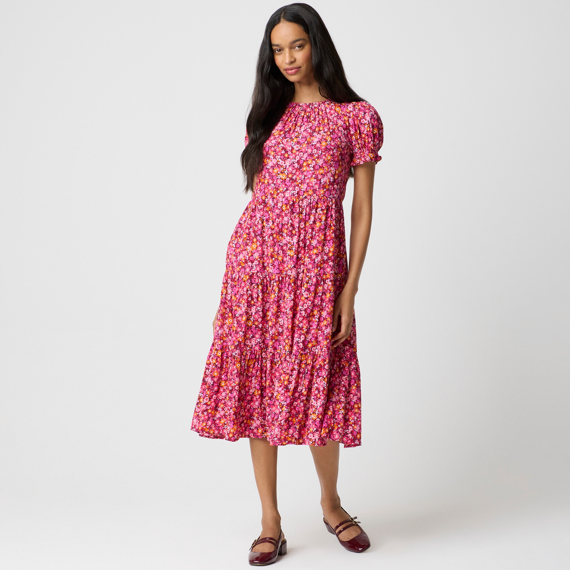 Puff-sleeve tiered midi dress