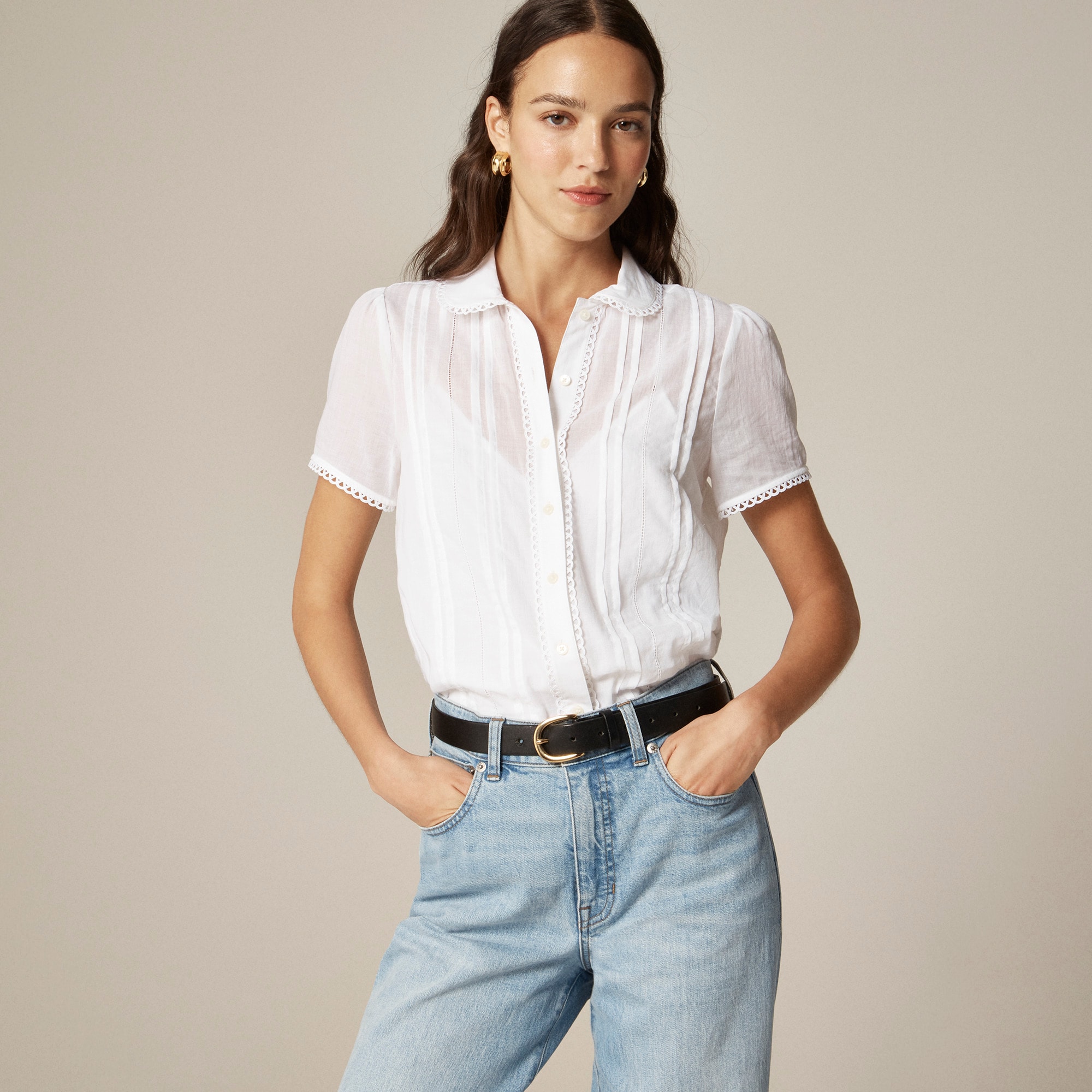 womens Button-up short-sleeve shirt in cotton voile