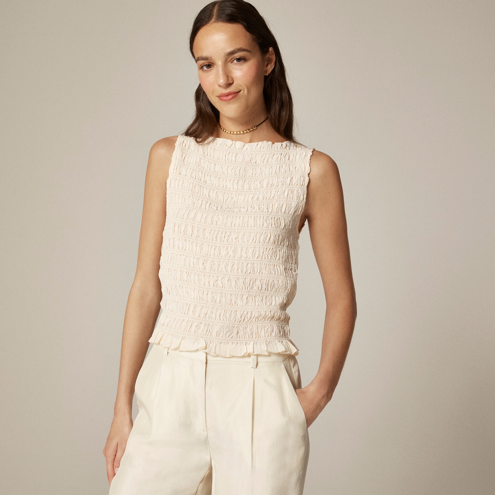 womens Smocked shell tank top in crepe de chine