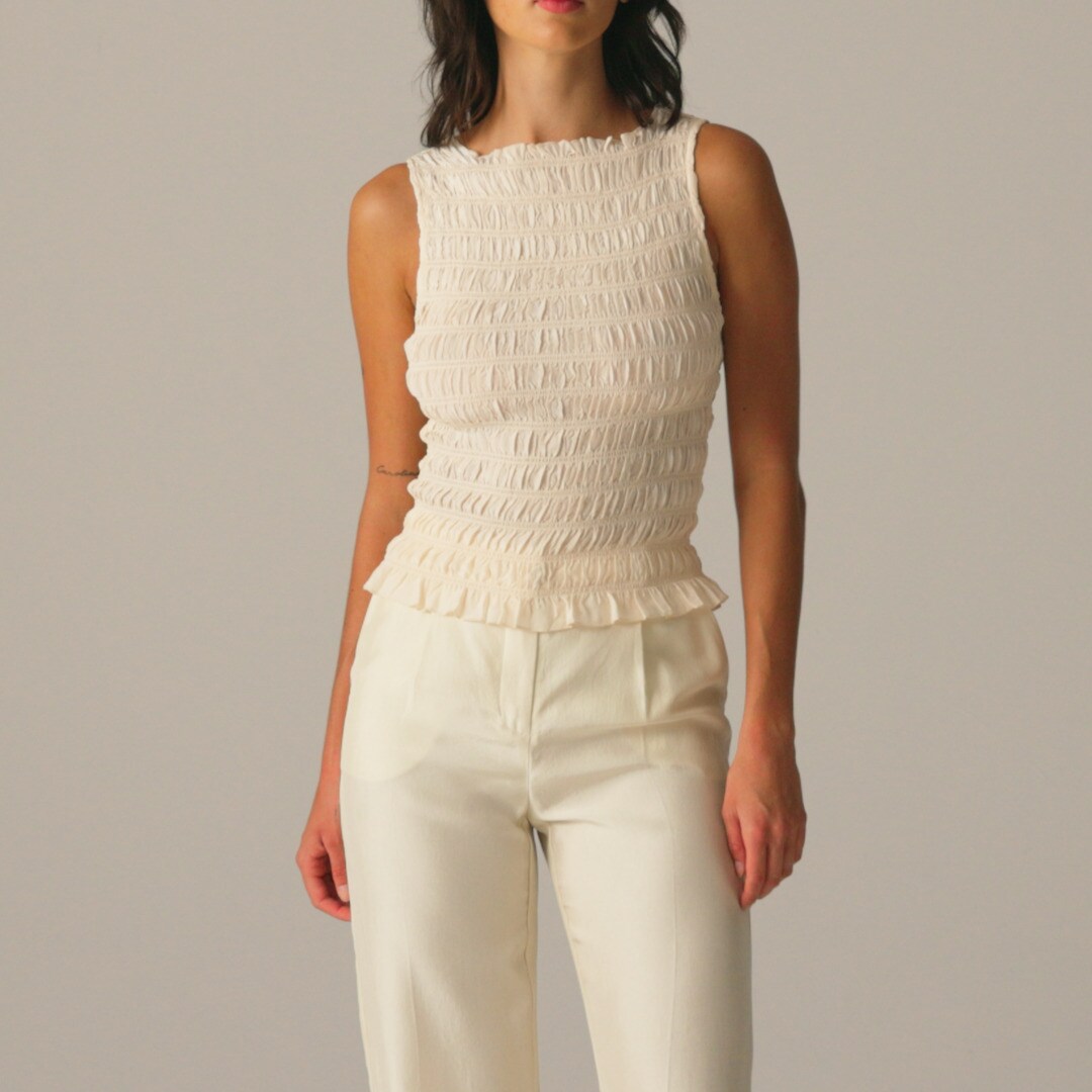 Smocked shell tank top in crepe de chine