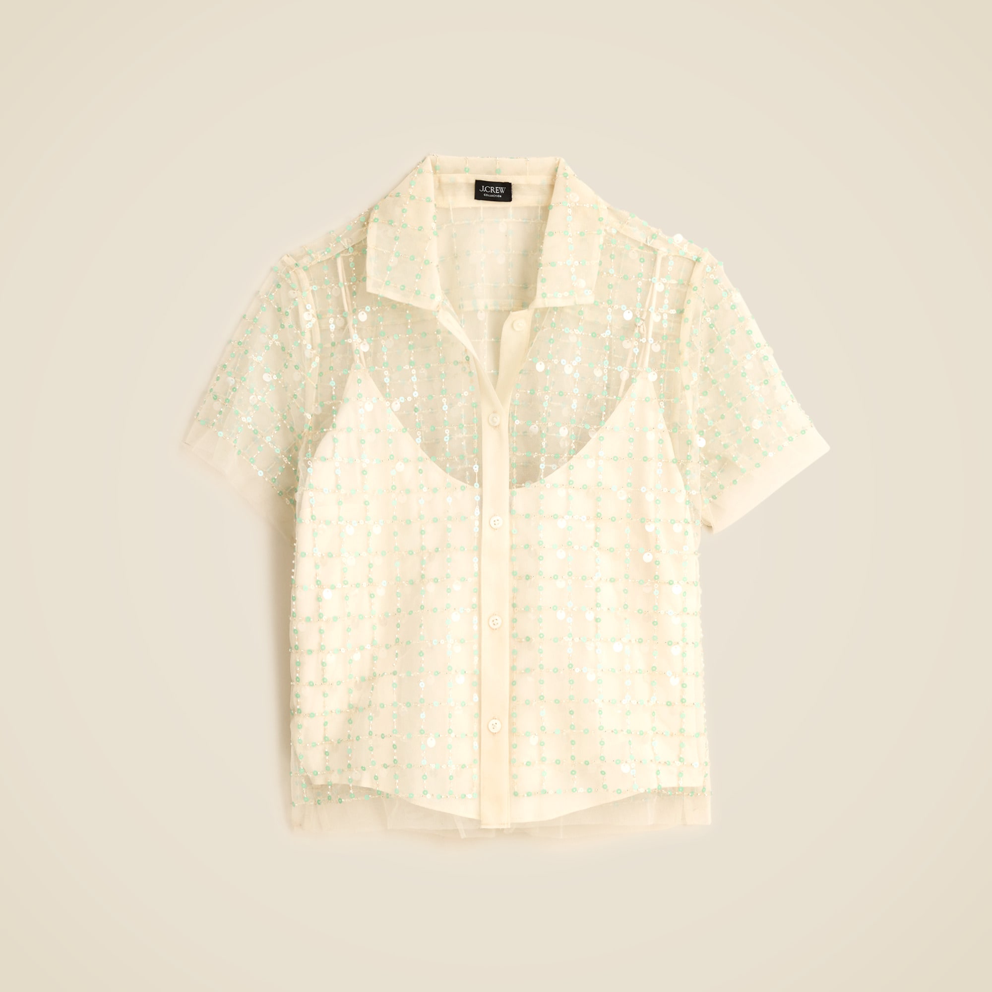 Embellished button-up short-sleeve shirt