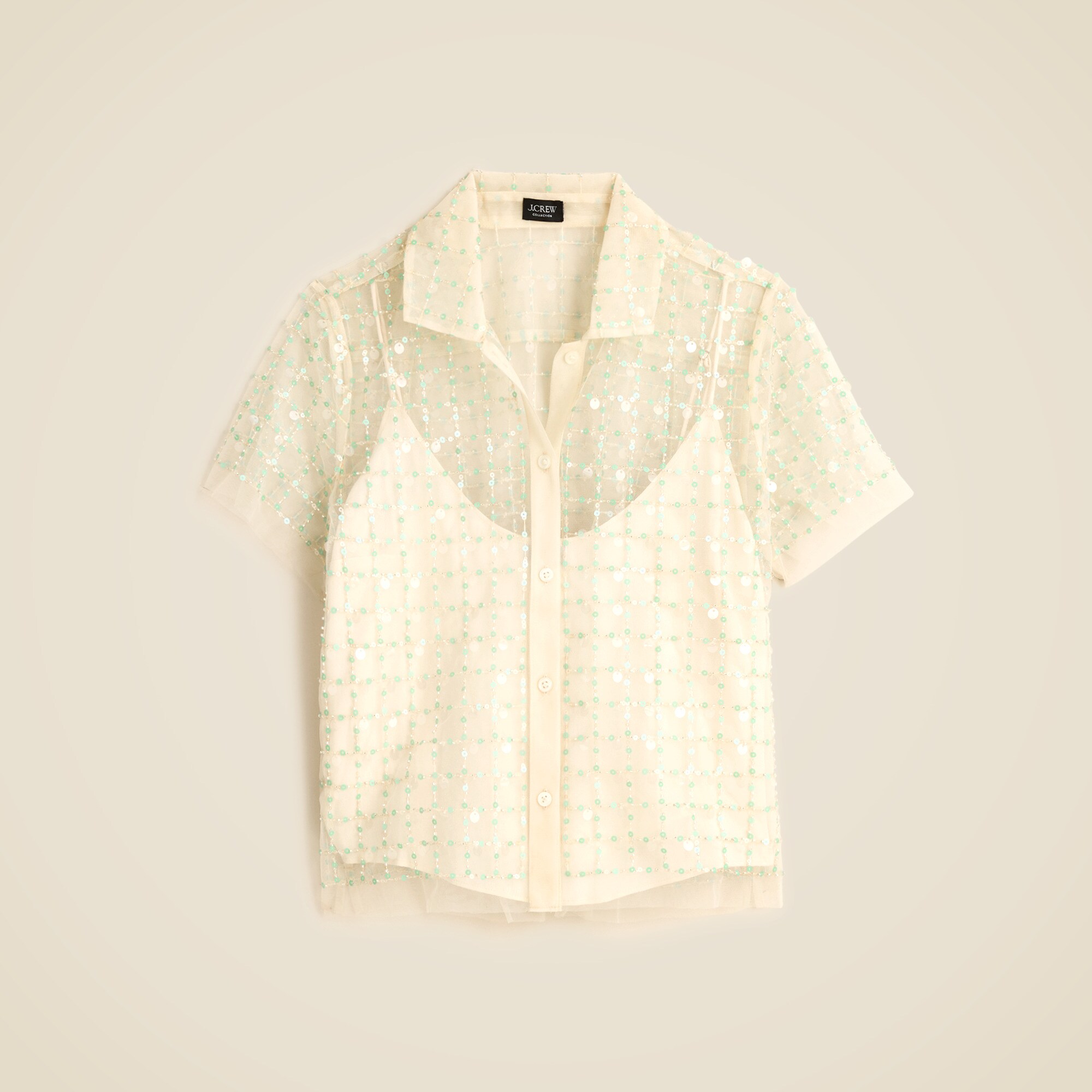 Embellished button-up short-sleeve shirt
