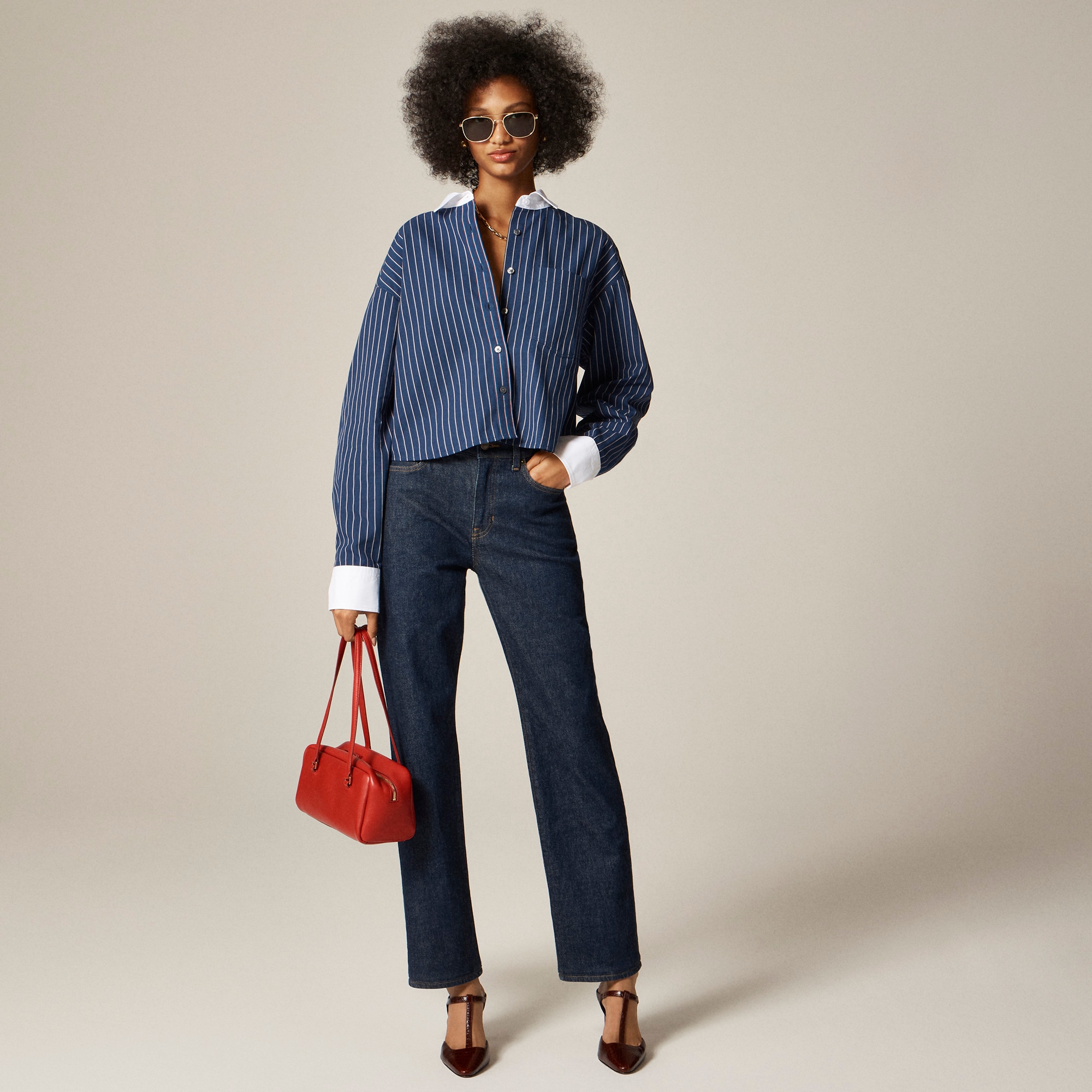 &Eacute;tienne cropped button-up shirt in striped cotton poplin - image 3