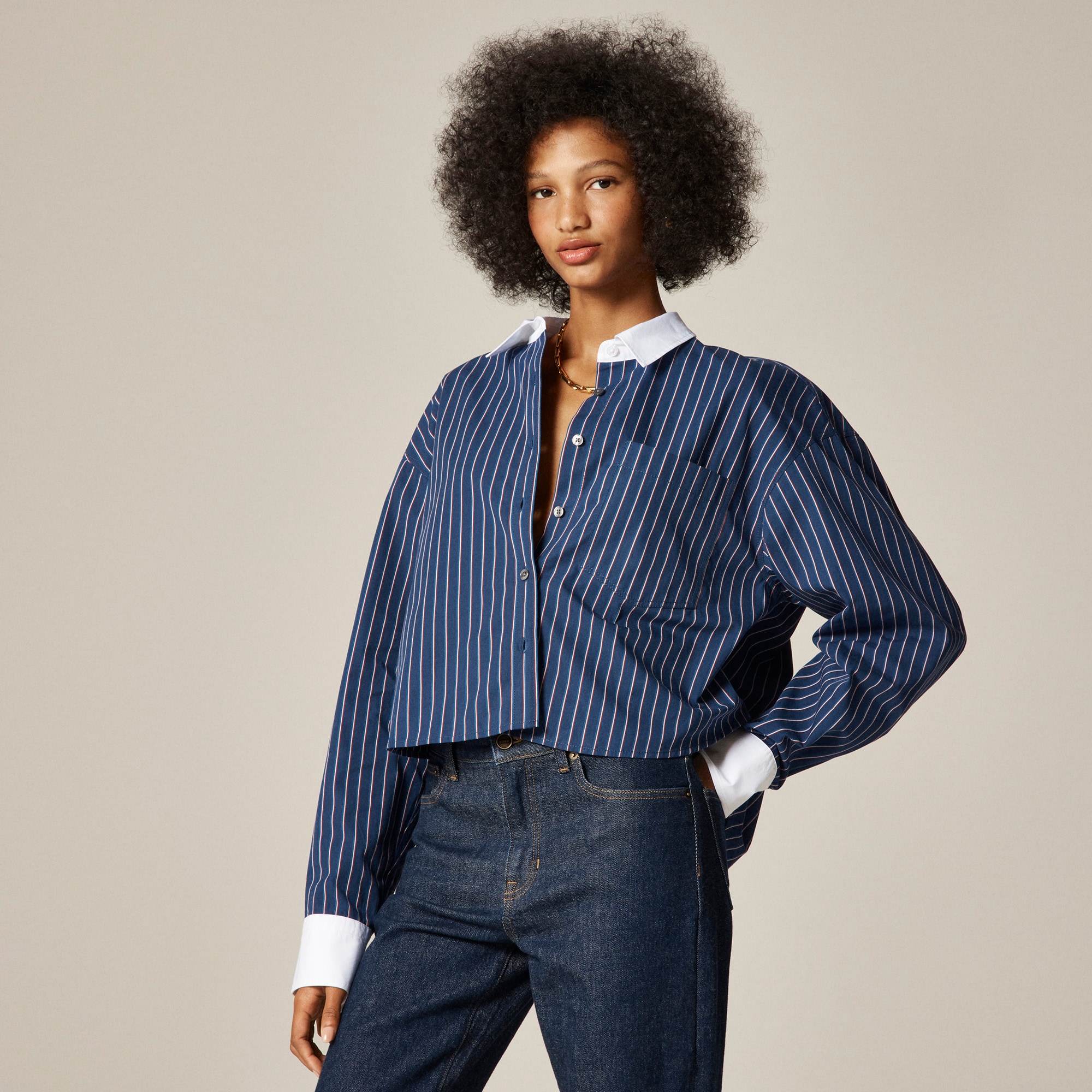 &Eacute;tienne cropped button-up shirt in striped cotton poplin - image 2
