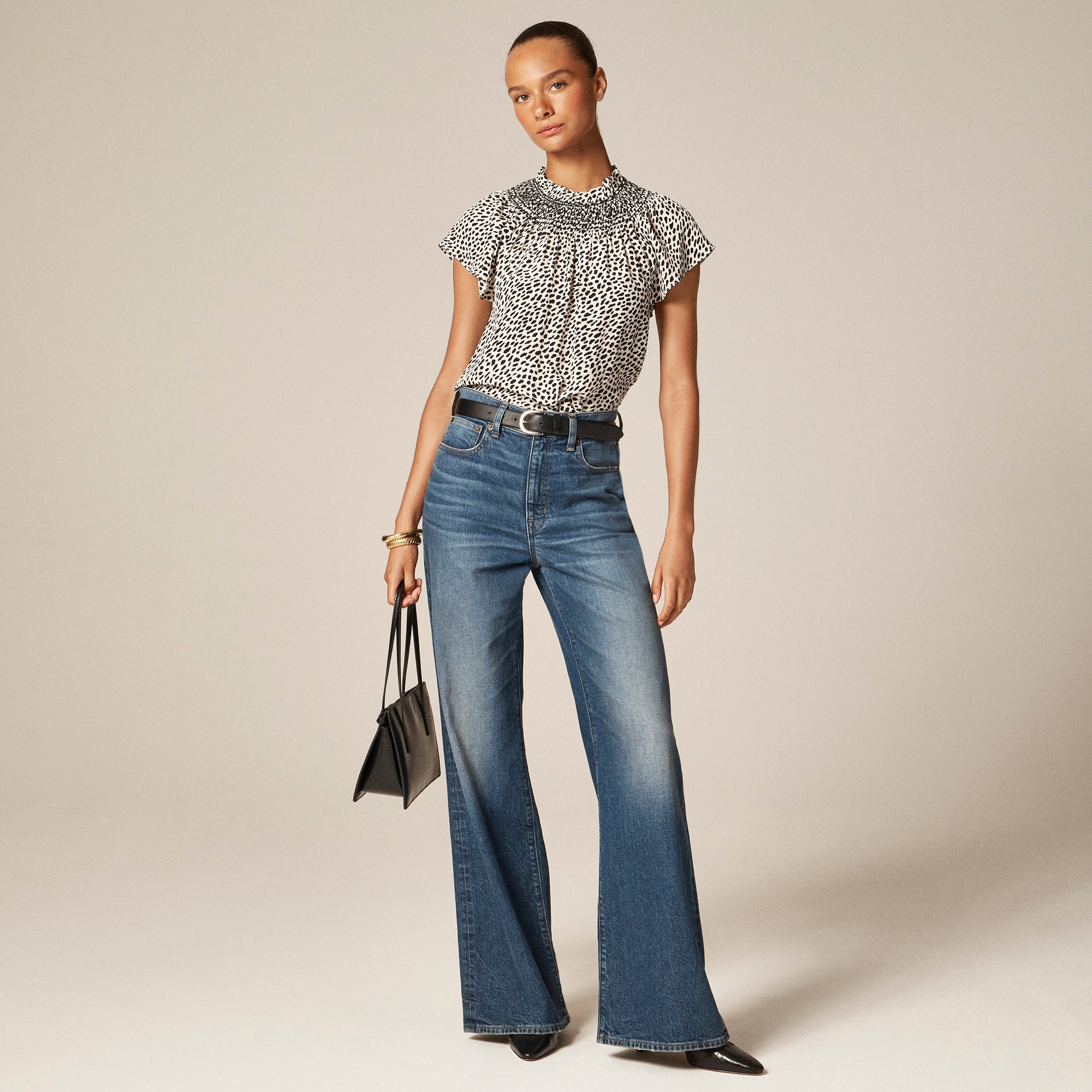 Smocked High-neck Top In Spot-print Crepe De Chine For Women | J.Crew