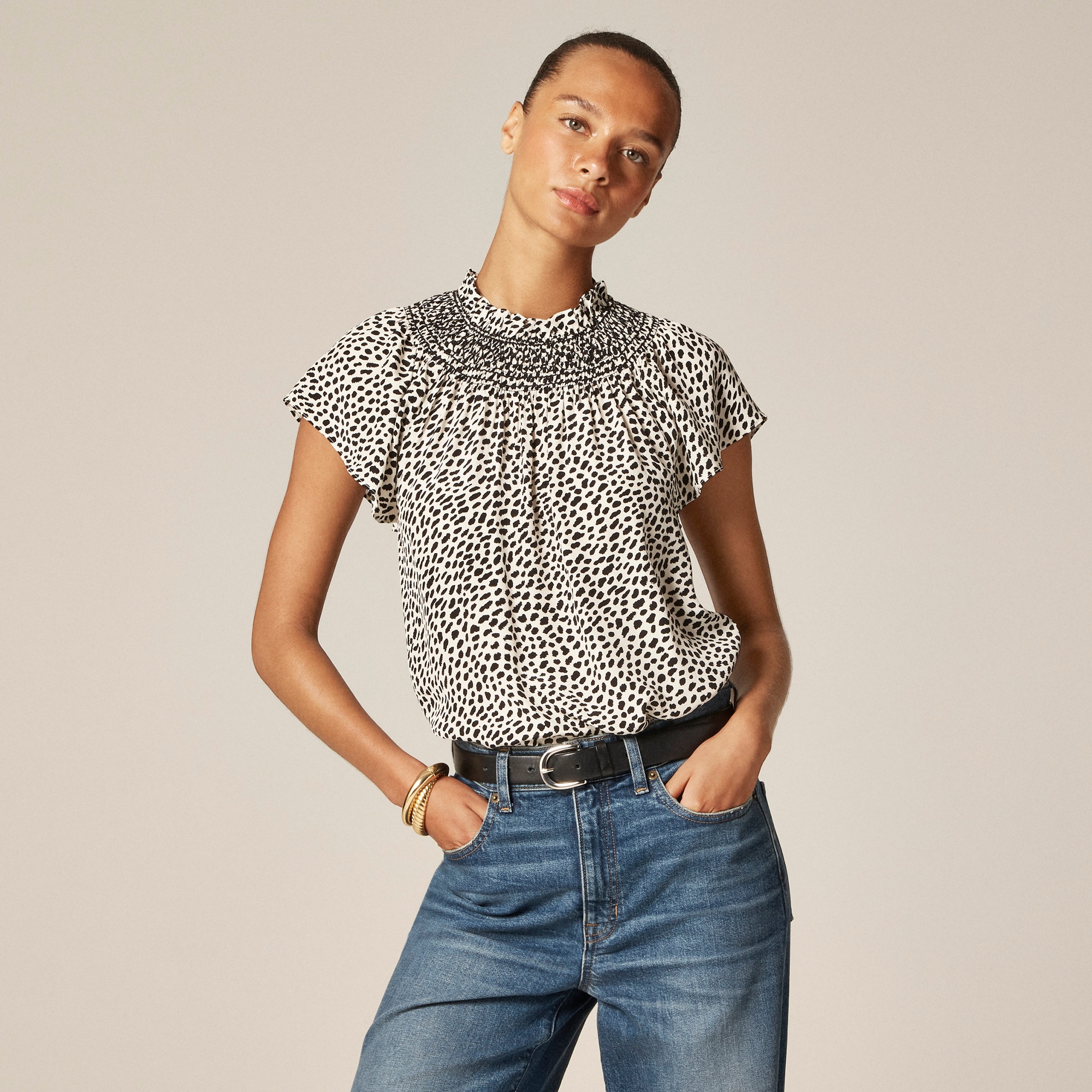 Smocked High-neck Top In Spot-print Crepe De Chine For Women | J.Crew