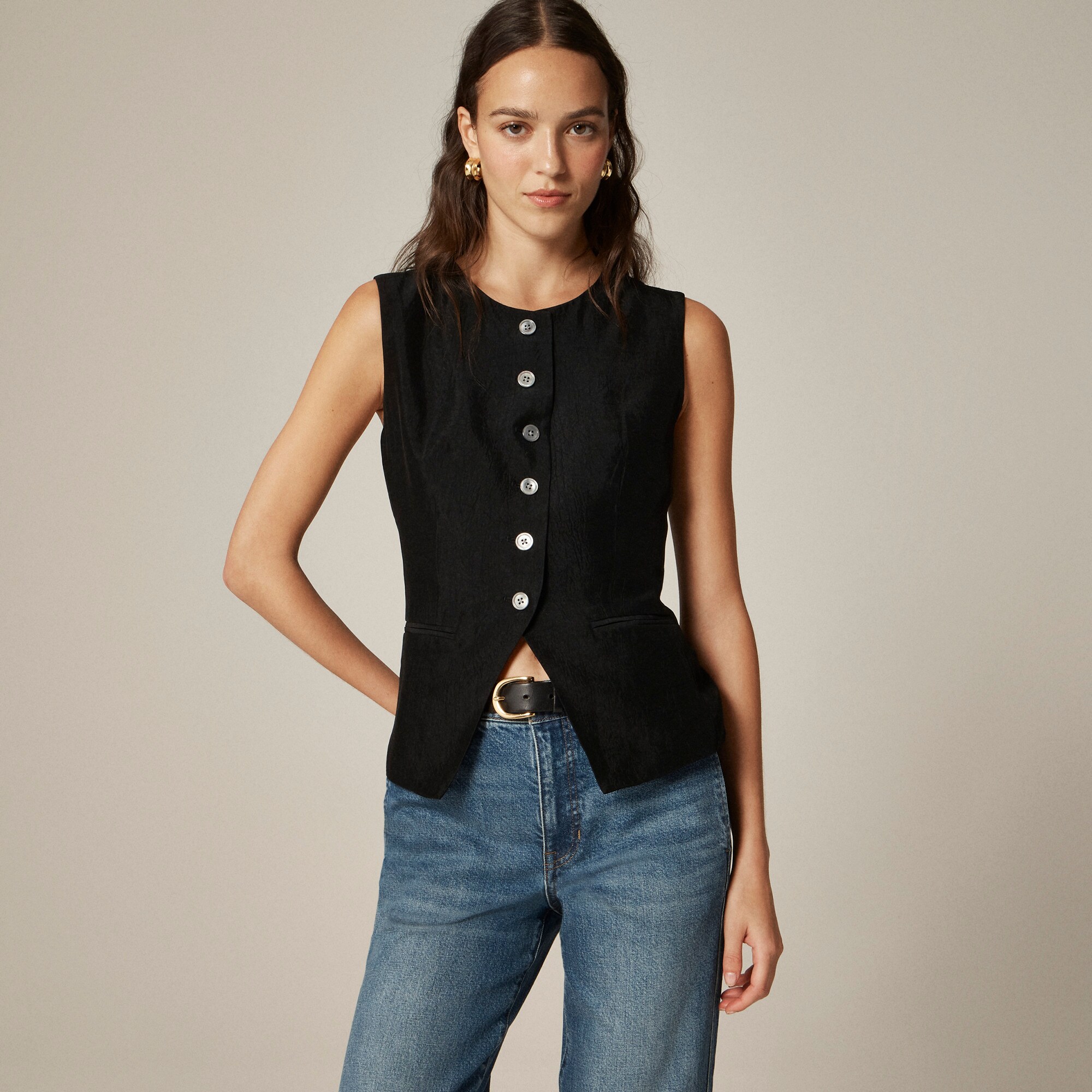 Essential cutaway vest top in textured satin