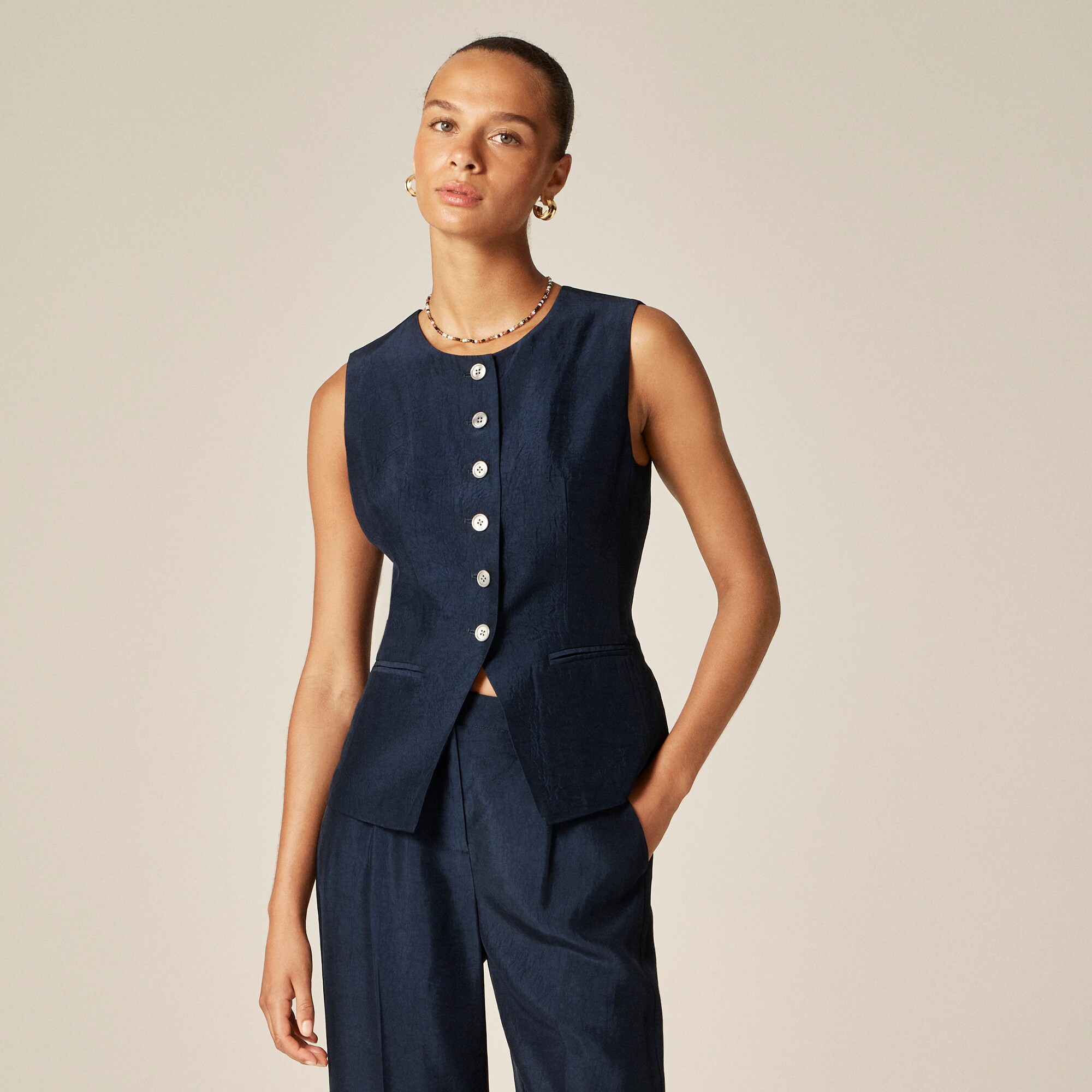 Essential cutaway vest top in textured satin