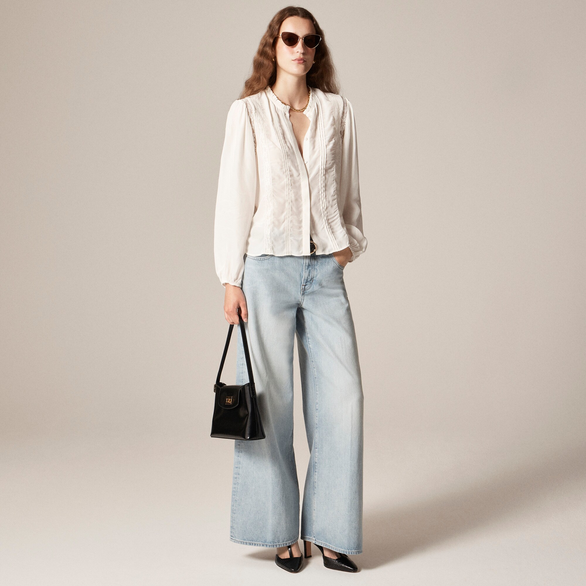 Lace-trim Pintuck Top In Crepe De Chine For Women | J.Crew