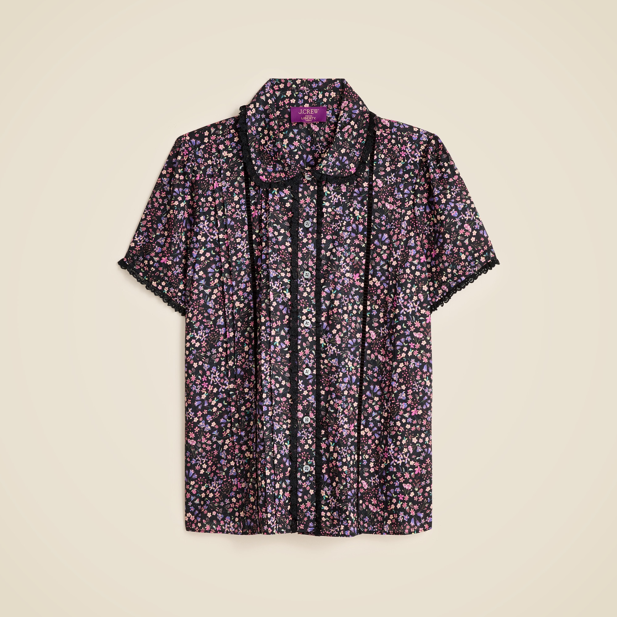 Lace-trim button-up shirt in Liberty® strawberry floral fabric