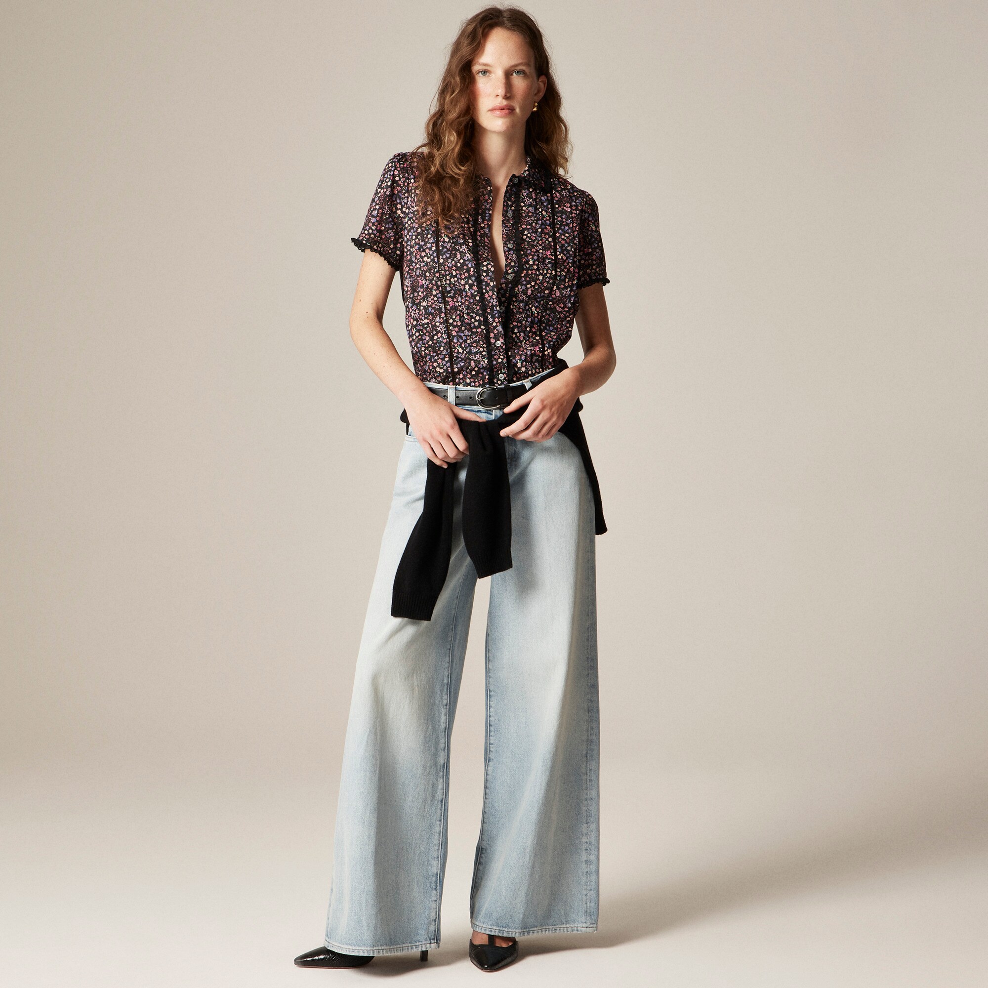 Lace-trim button-up shirt in Liberty® strawberry floral fabric