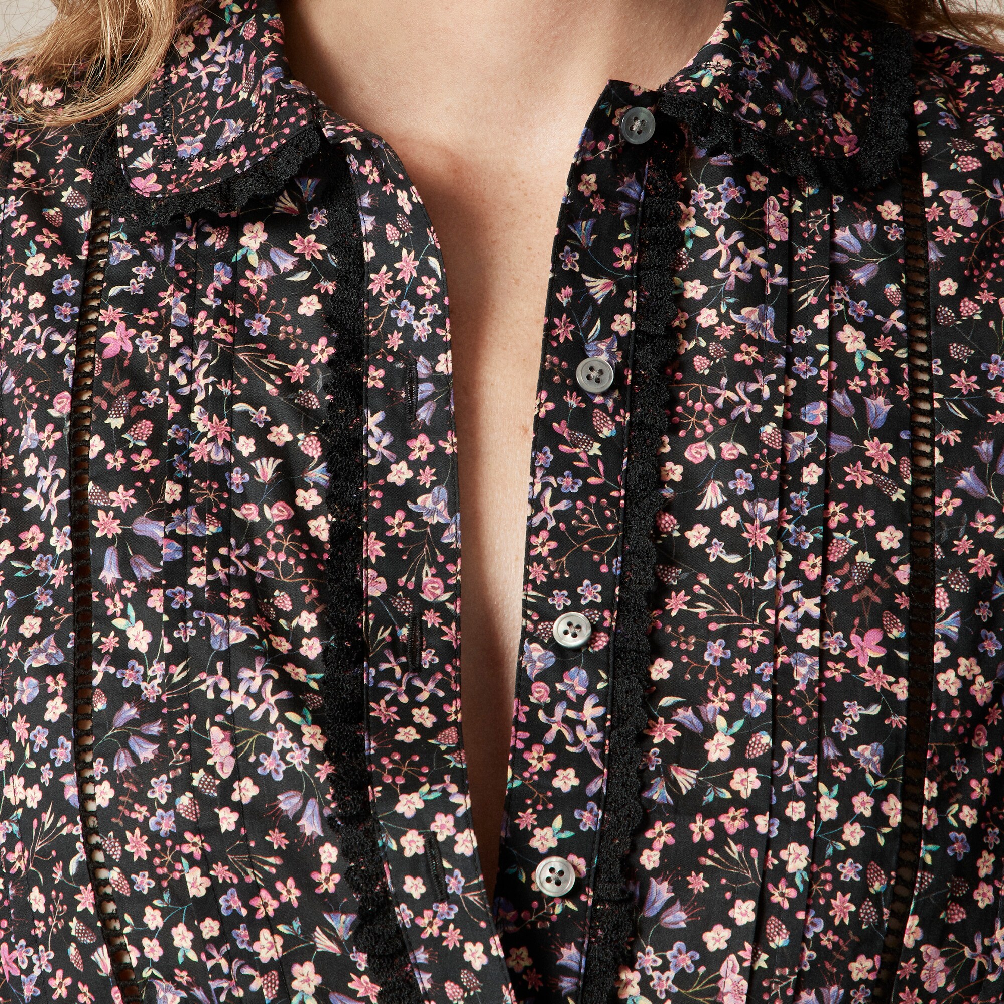Lace-trim button-up shirt in Liberty® strawberry floral fabric