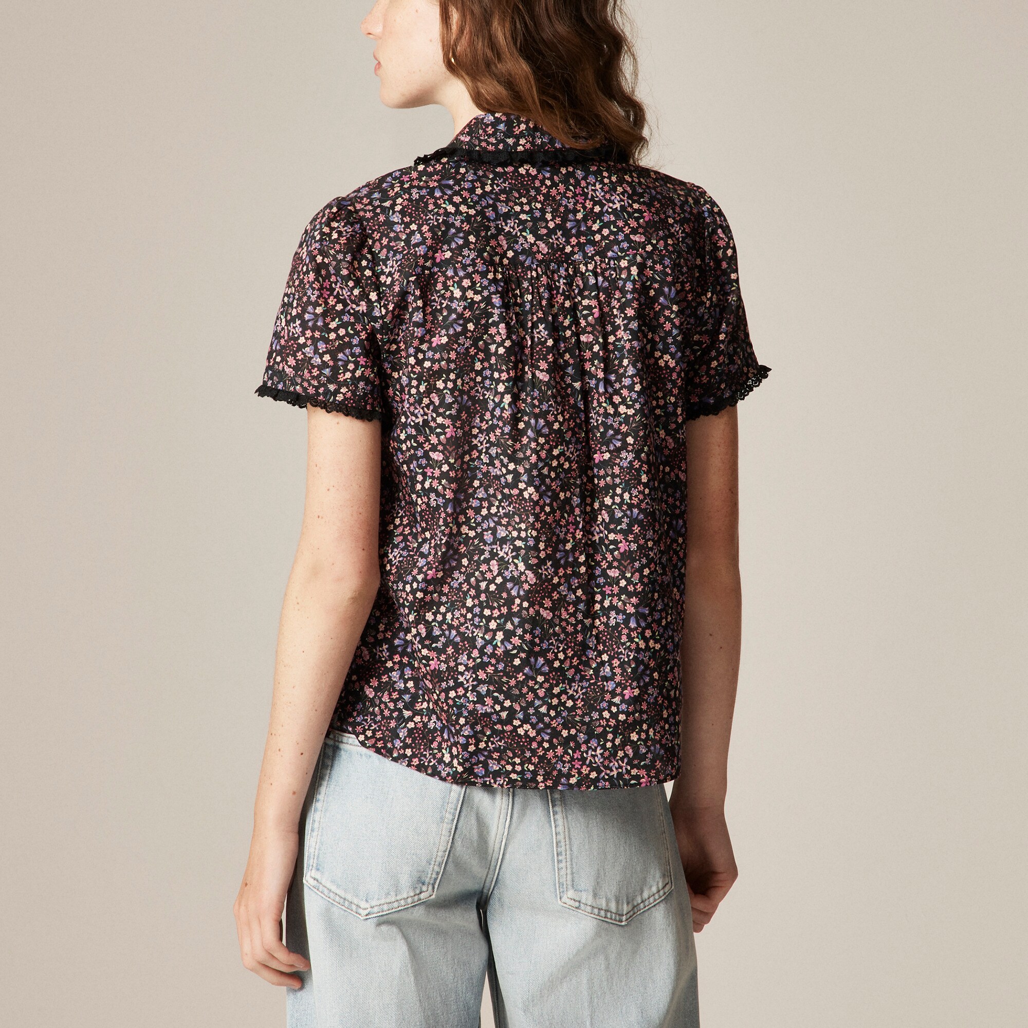 Lace-trim button-up shirt in Liberty® strawberry floral fabric