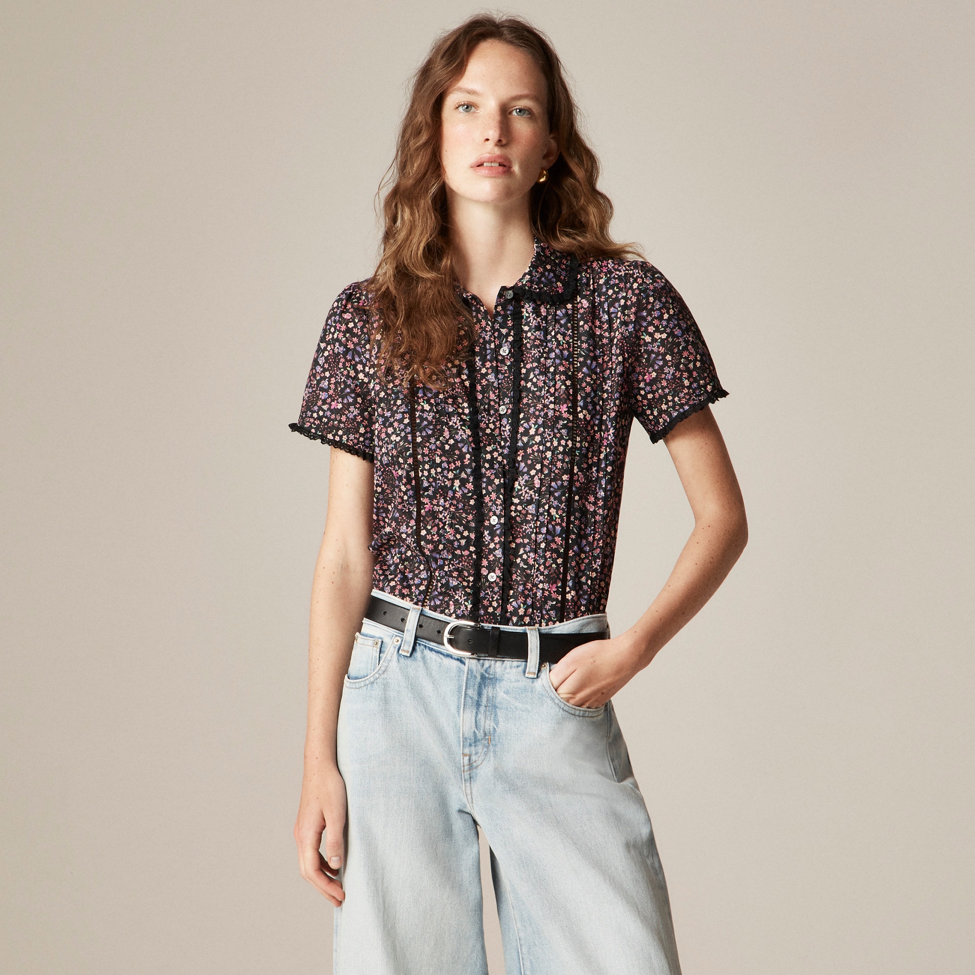 Lace-trim button-up shirt in Liberty® strawberry floral fabric