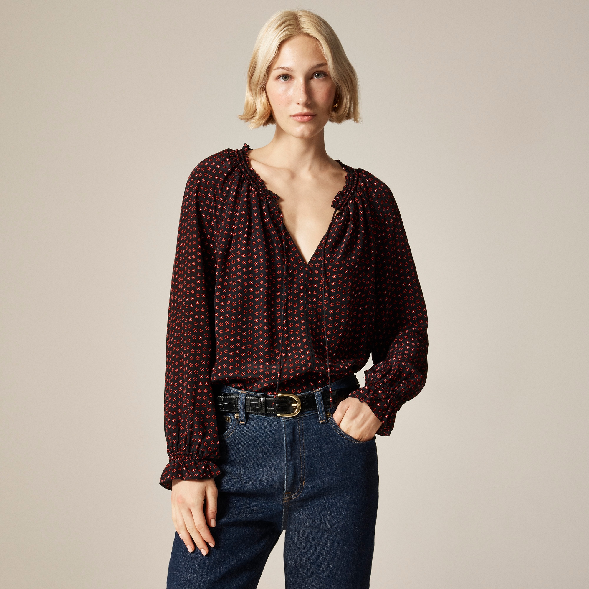 Popover Top In Ditsy Floral Crepe De Chine For Women | J.Crew