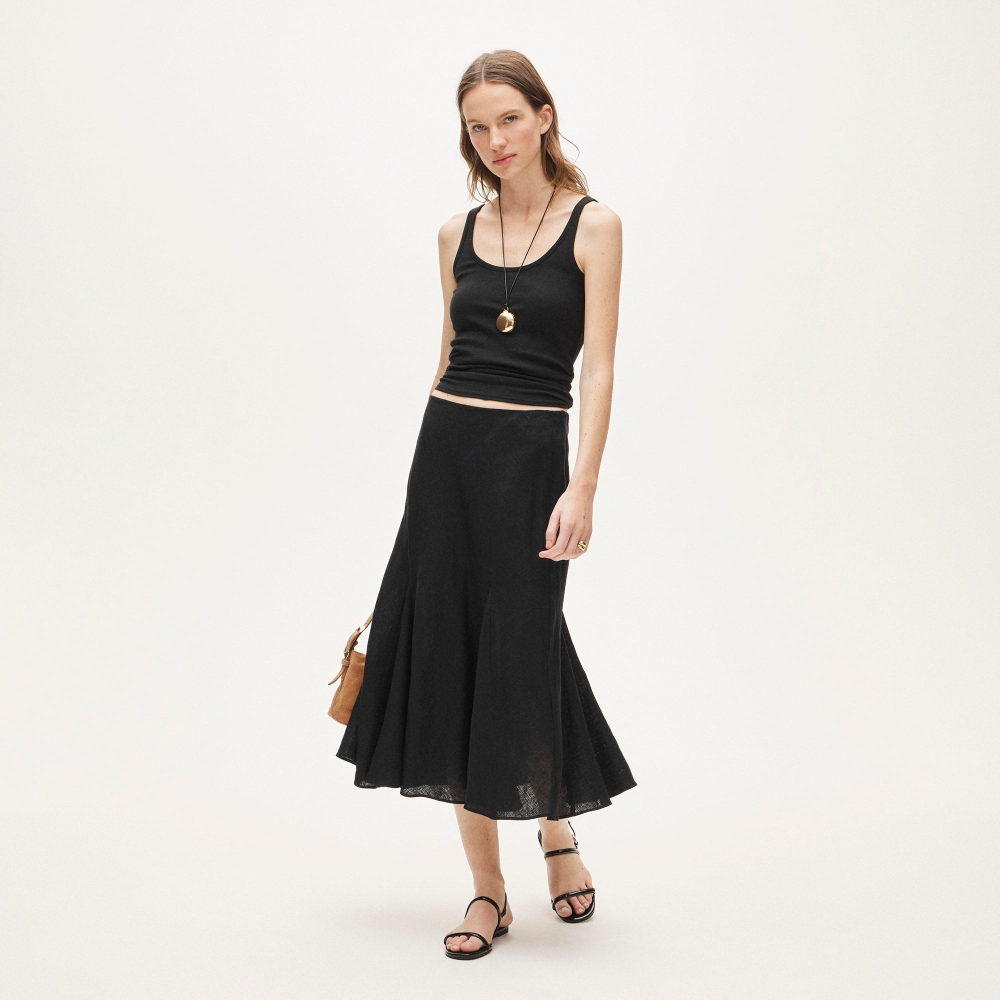 Petite Gwyneth flounce-hem slip skirt in linen - Black