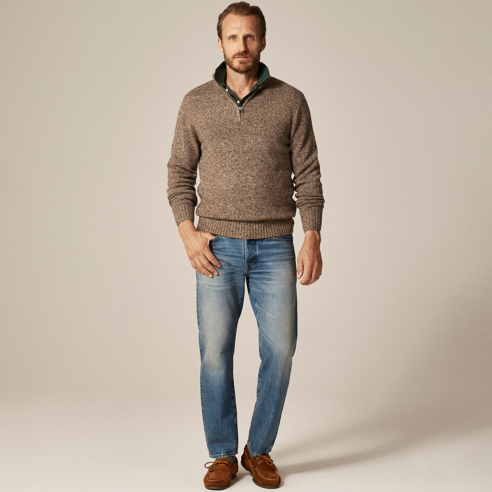 Rugged merino wool-blend marled quarter-zip sweater