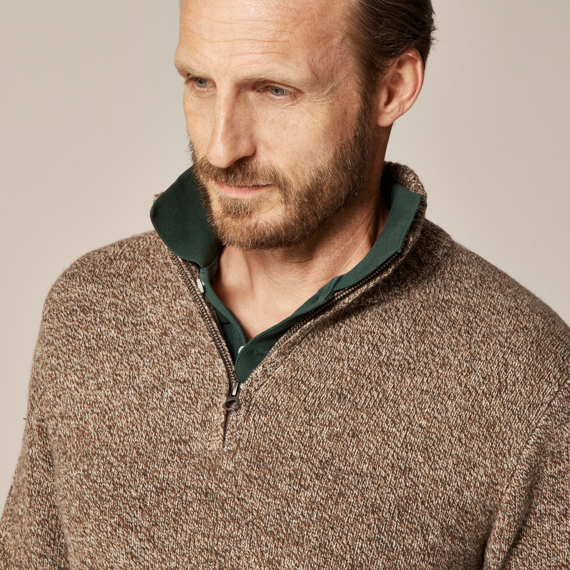 Rugged merino wool-blend marled quarter-zip sweater