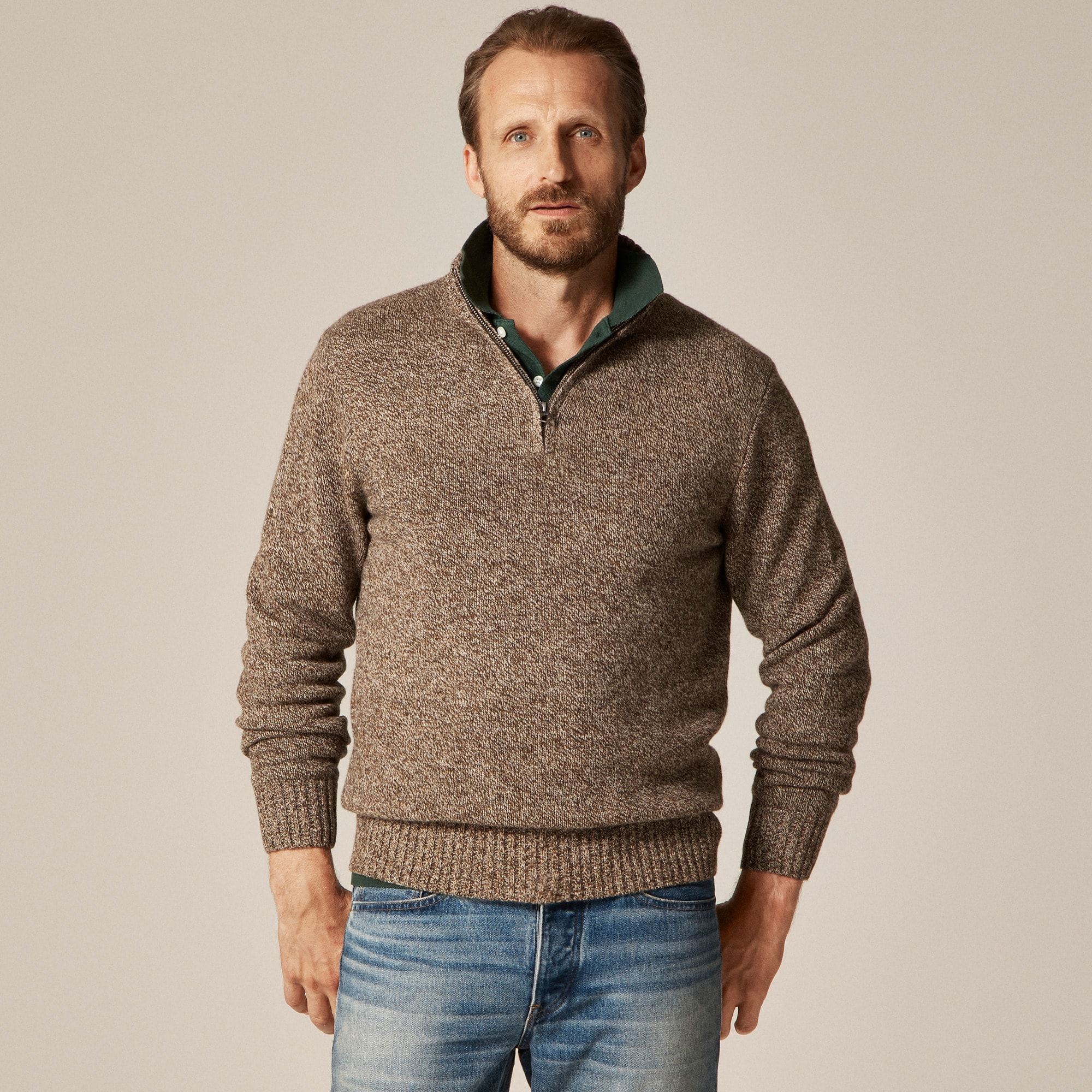  Rugged merino wool-blend marled quarter-zip sweater
